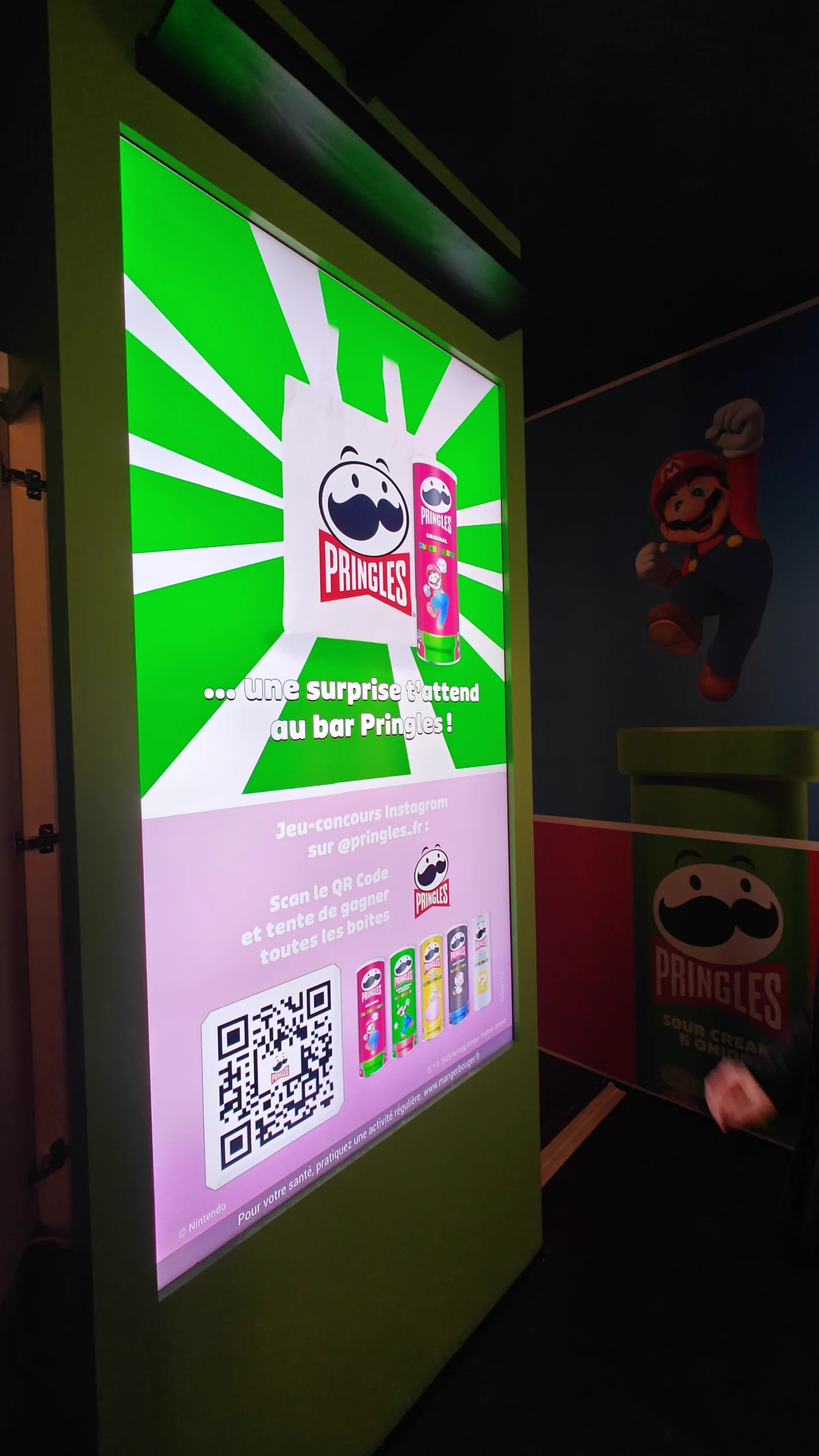 Pringles x Mario instant-win app screen with a QR code