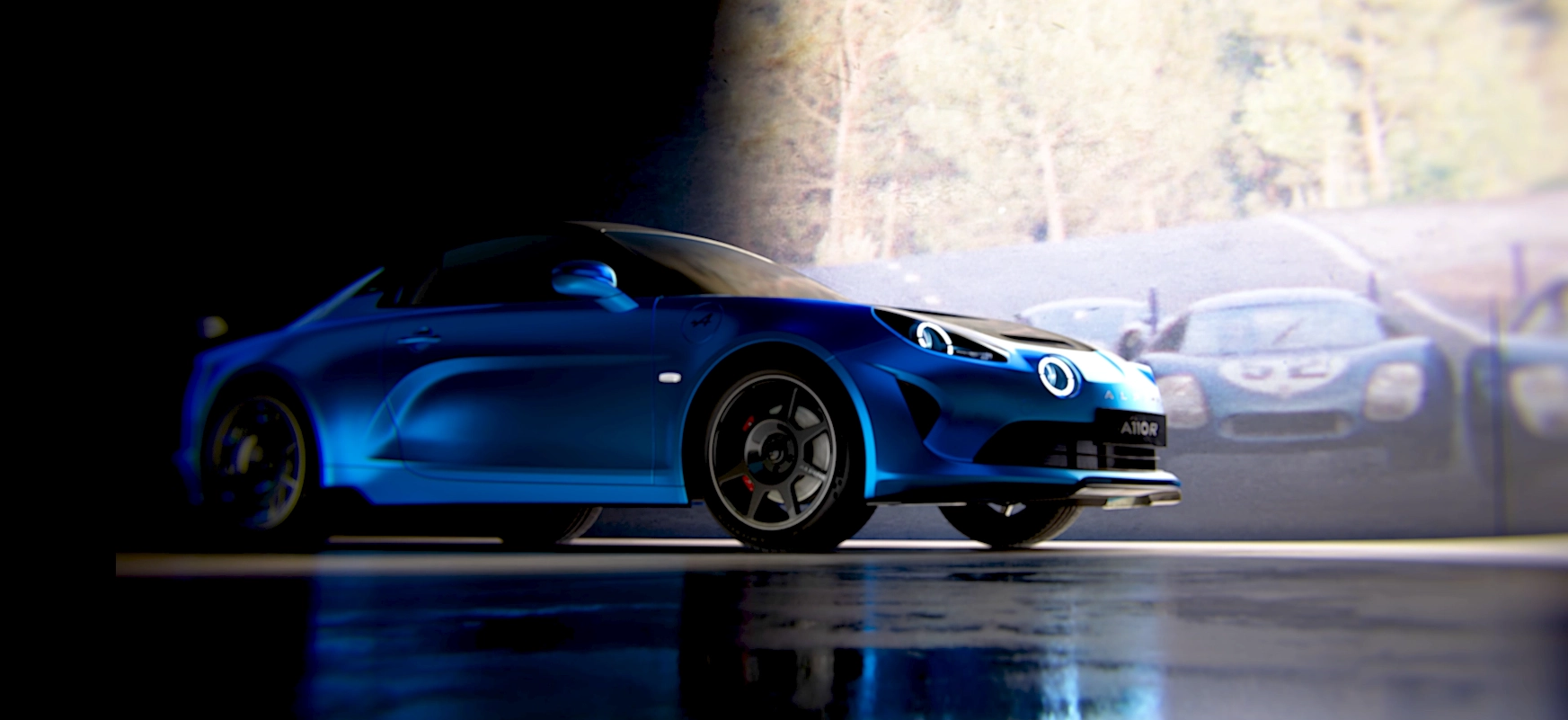 Blue Alpine facing a historic Alpine, Michelin x Alpine 3D film in Unreal Engine