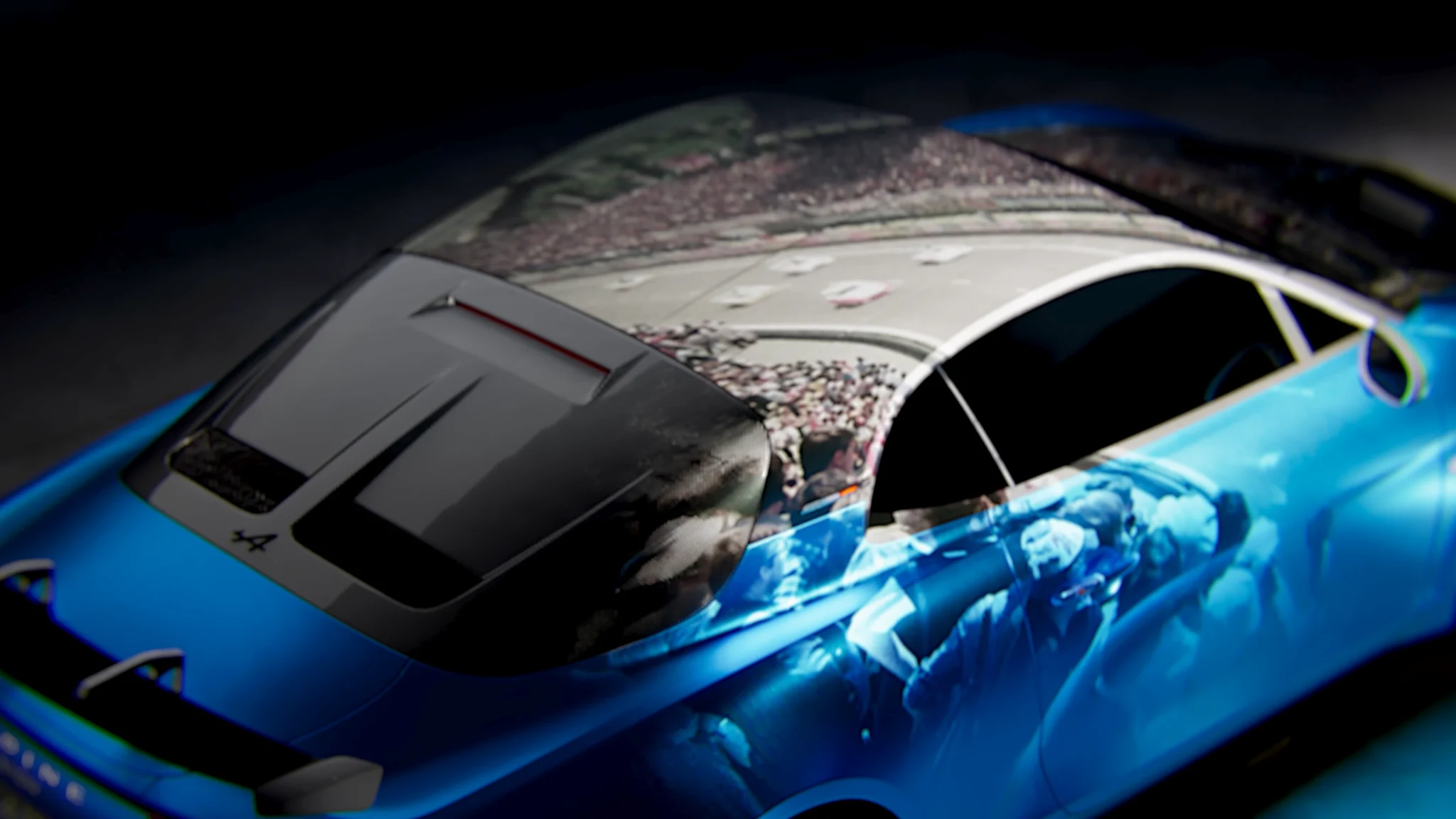 Archive footage projected on an Alpine's body, Michelin x Alpine 3D film