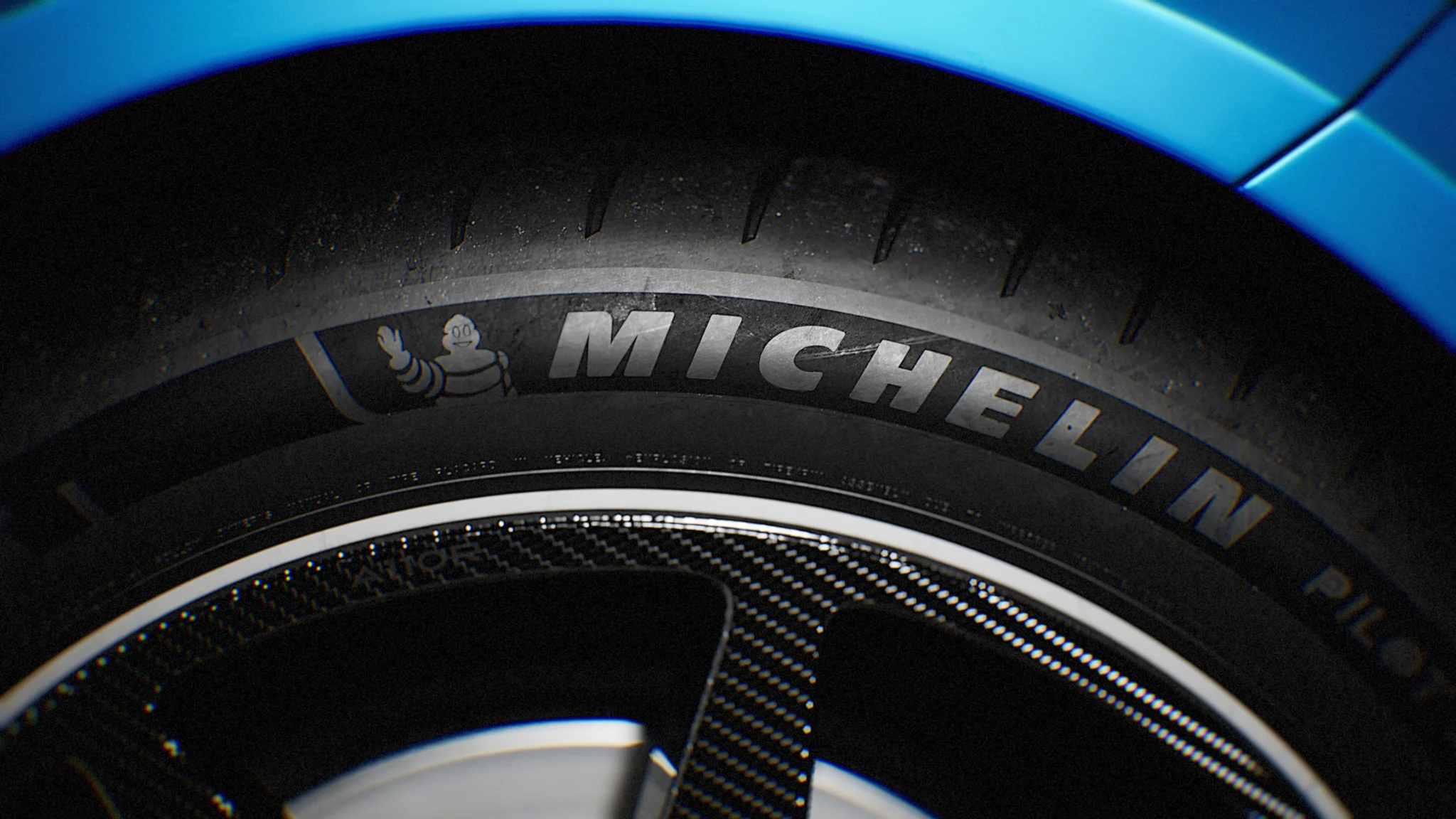 Close-up of a Michelin Pilot Sport tyre sidewall, Alpine 3D film at Le Mans
