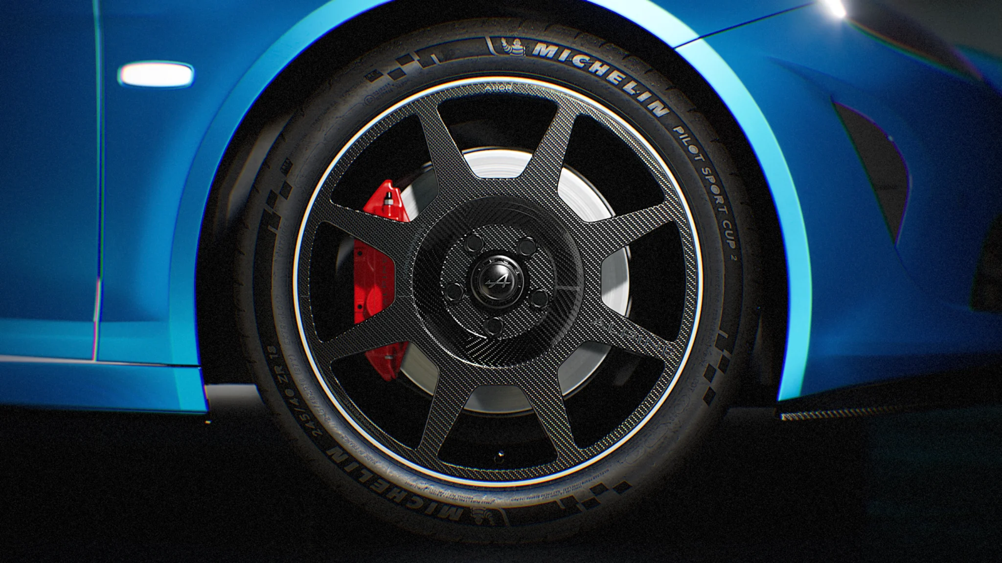 Alpine wheel with a Michelin tyre and red caliper, 3D film in Unreal Engine