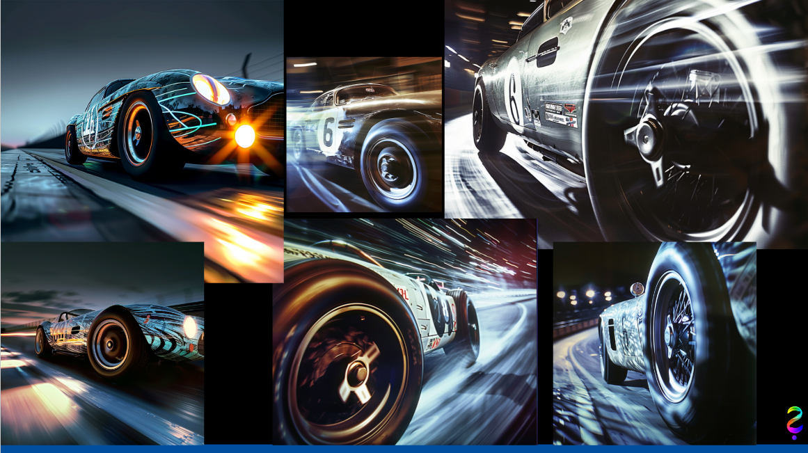 AI mood board of retro race cars in motion, Michelin x Alpine film