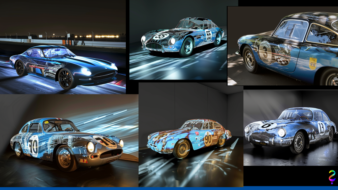 AI mood board of historic Alpines covered in visuals, Michelin x Alpine film
