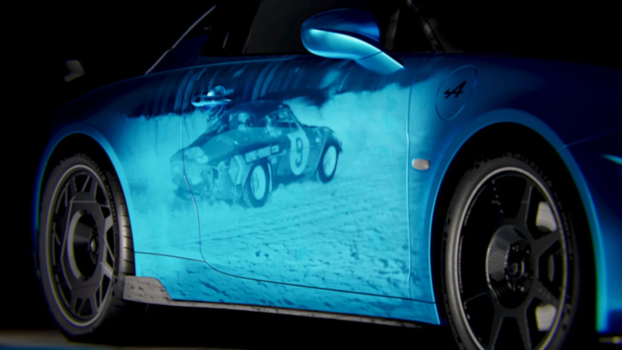 Historic rally projected on a blue Alpine's door, 3D film in Unreal Engine