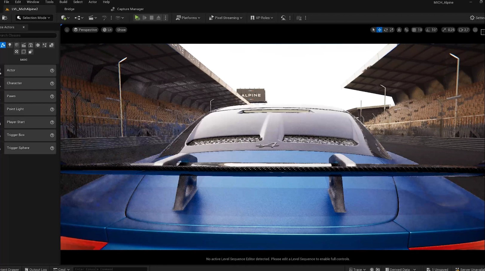 Unreal Engine editor view: Alpine at the Le Mans circuit in real-time 3D