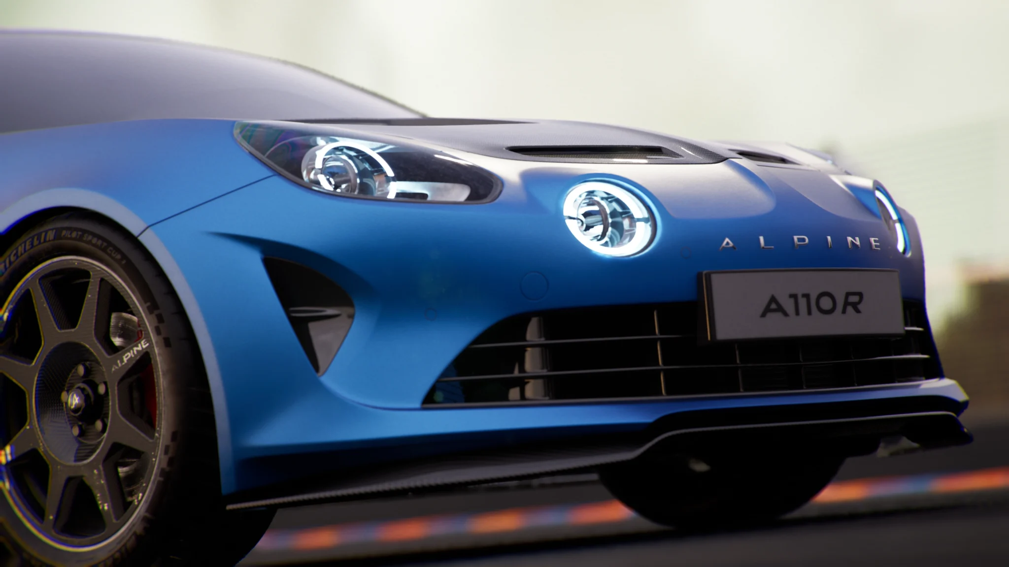 Front of a blue Alpine A110 R, detail from the 3D film