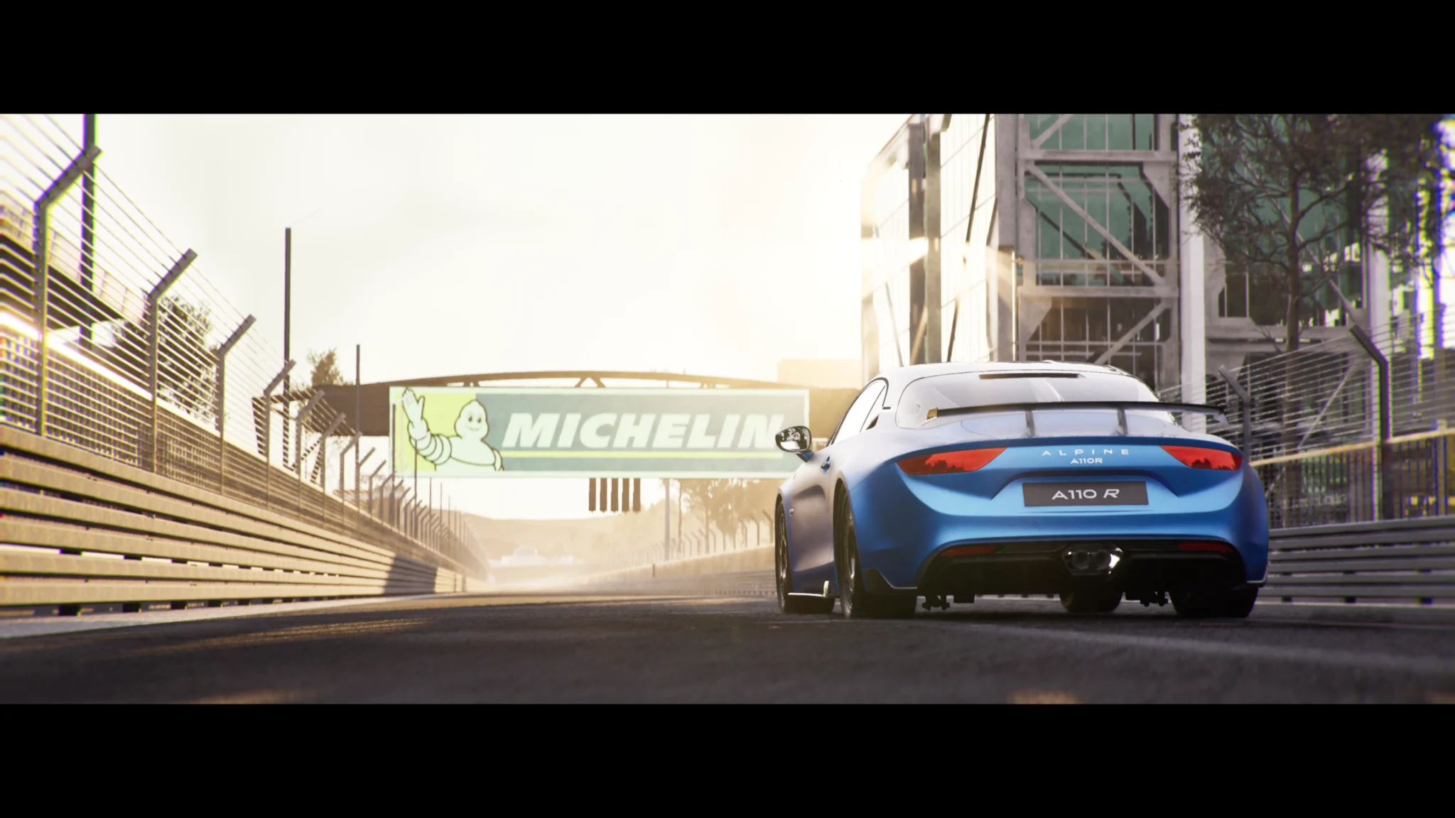 Alpine A110 R heading to the finish line under the Michelin bridge, Le Mans circuit