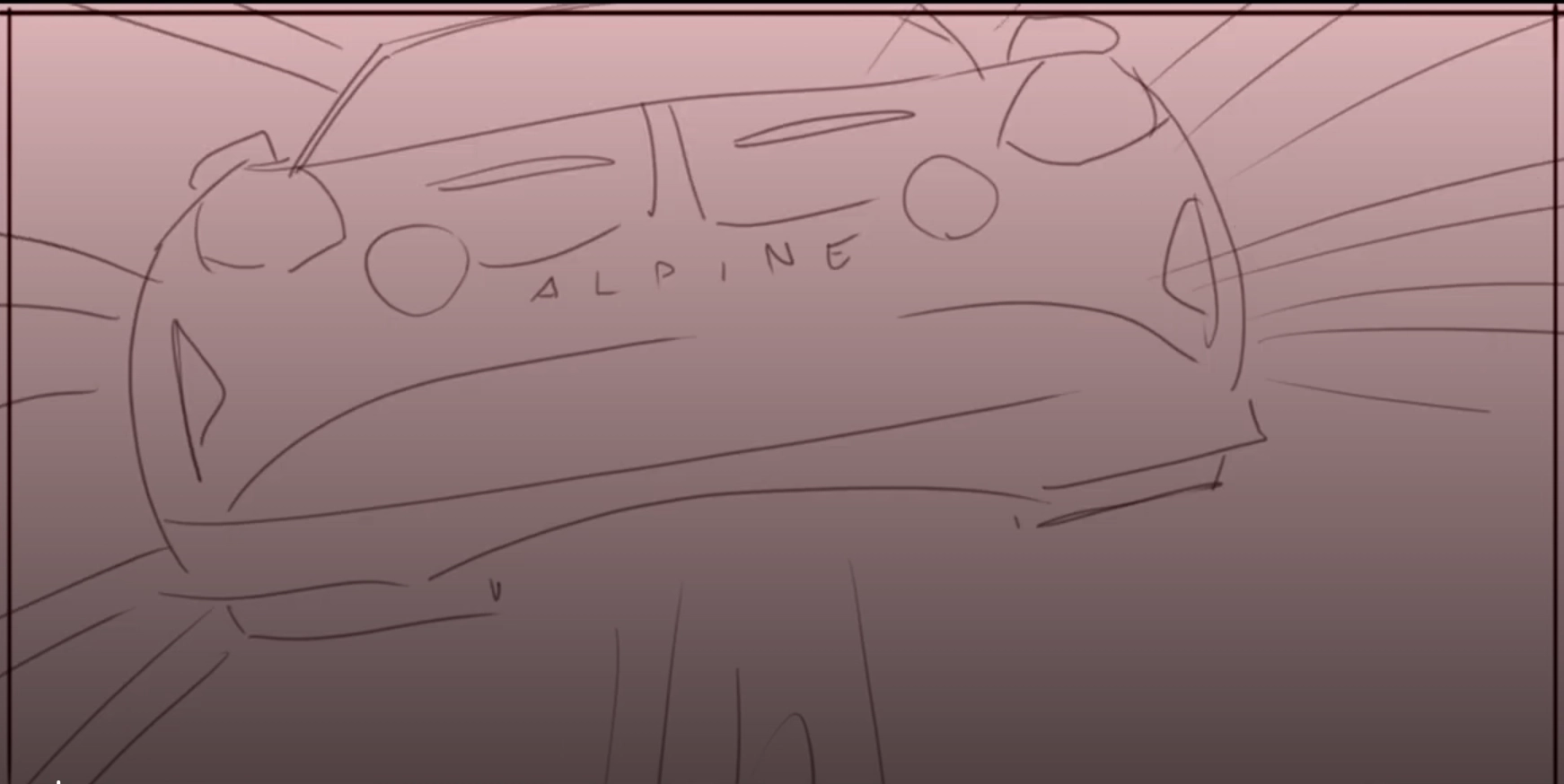 Storyboard: front view of an Alpine at speed, Michelin x Alpine film