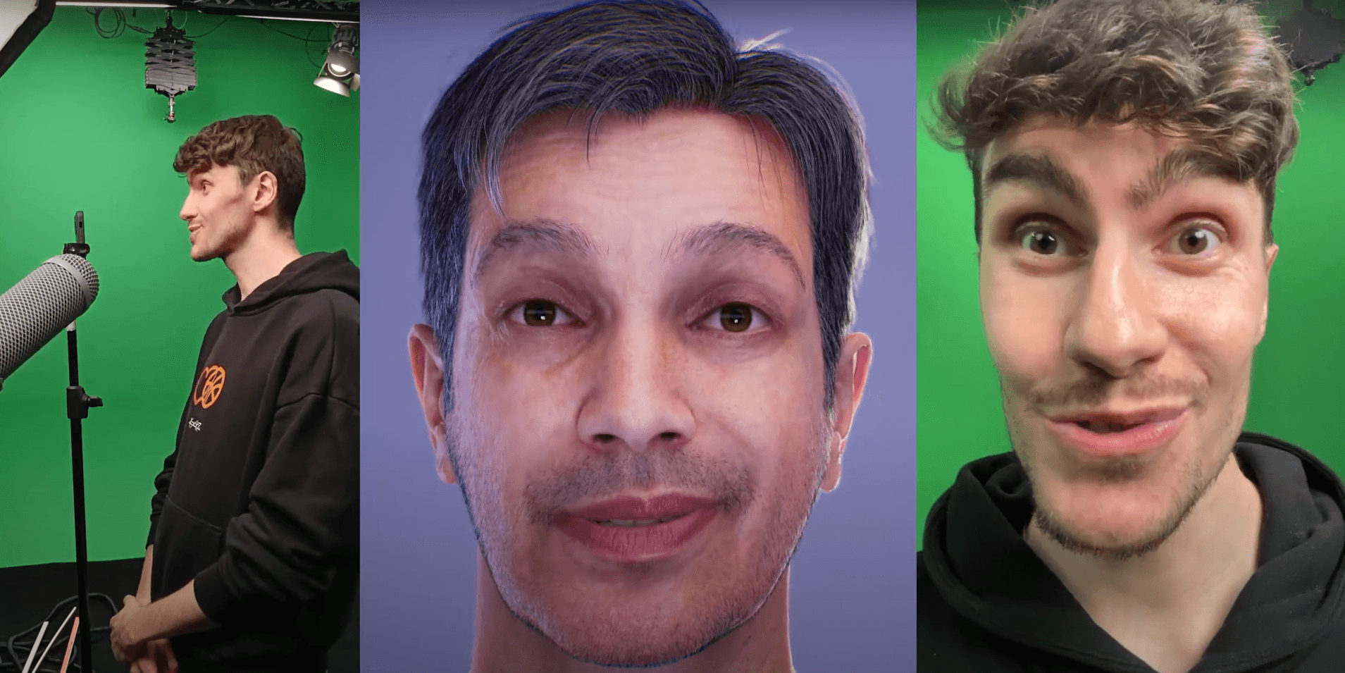 Facial motion capture: actor in the studio, animated MetaHuman face and actor close-up