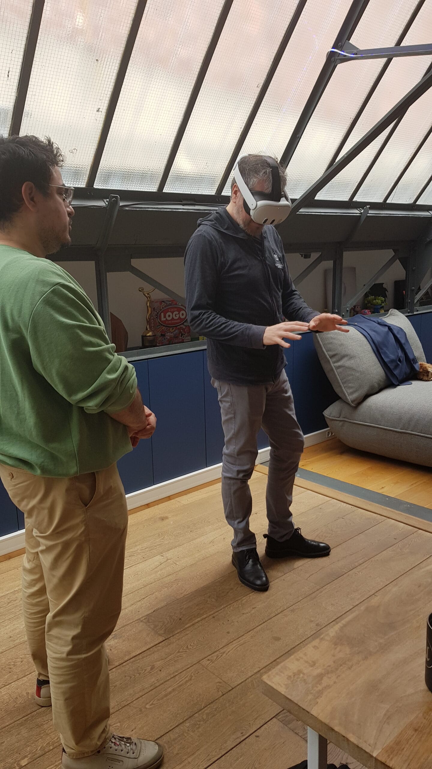 Participant in an XR headset during a SoWhen? augmented reality workshop