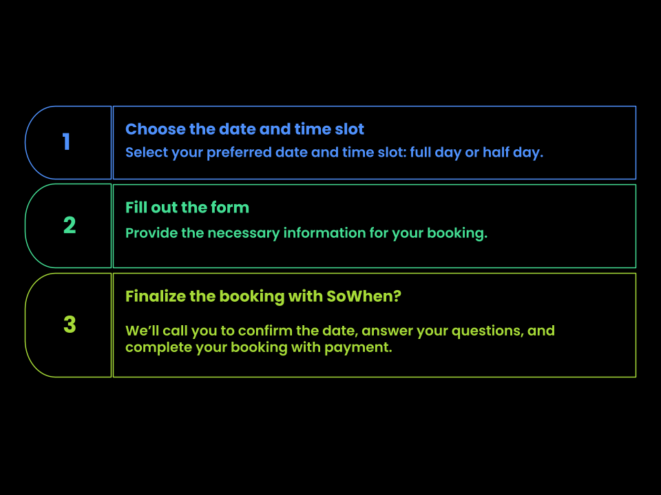 Booking the Multivert studio in 3 steps: time slot, form, confirmation with SoWhen?