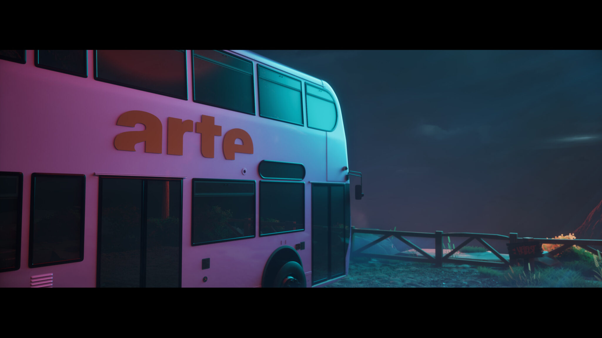 ARTE's pink bus arriving on the ARTE Riff Mountain Fortnite island