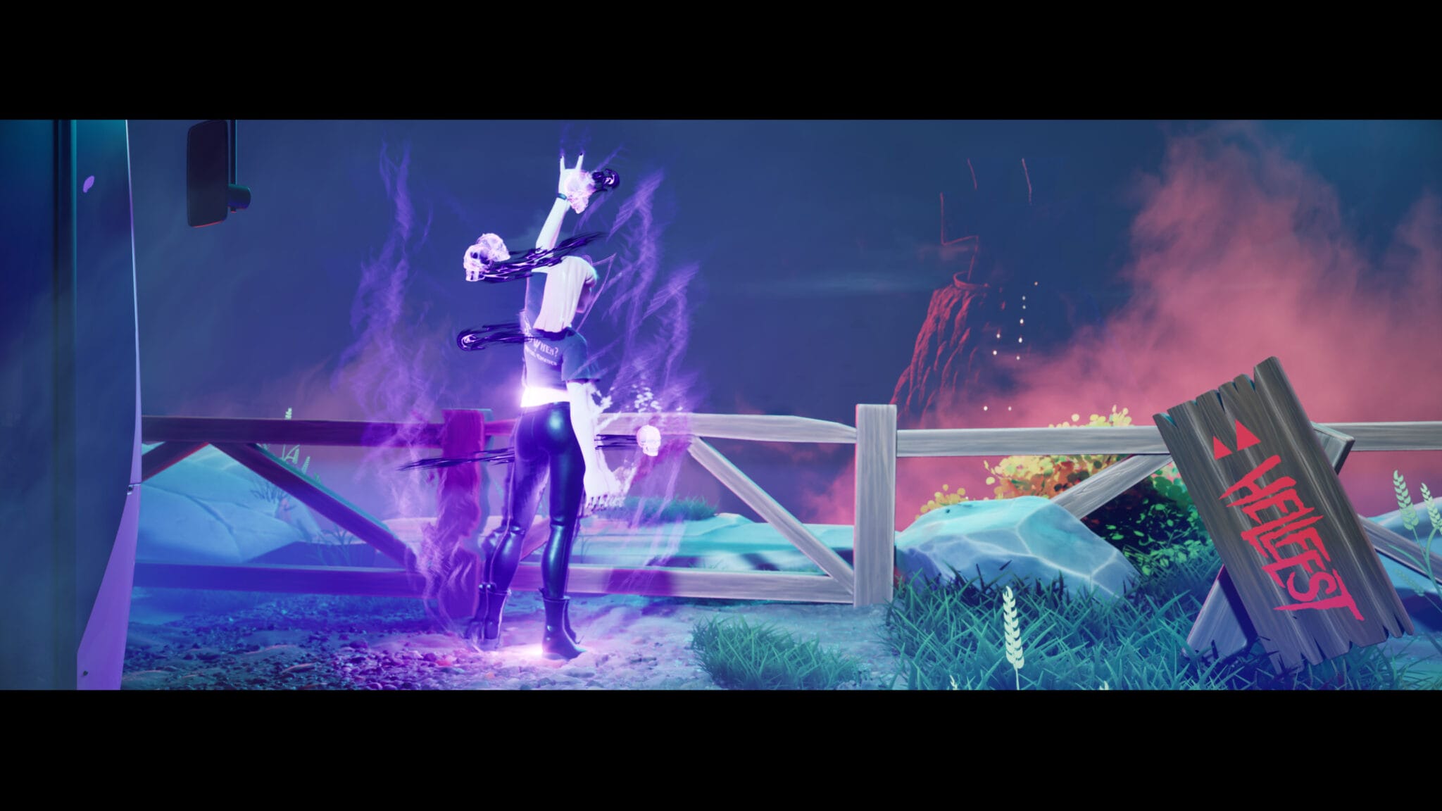 Fortnite character with purple effects in ARTE Riff Mountain