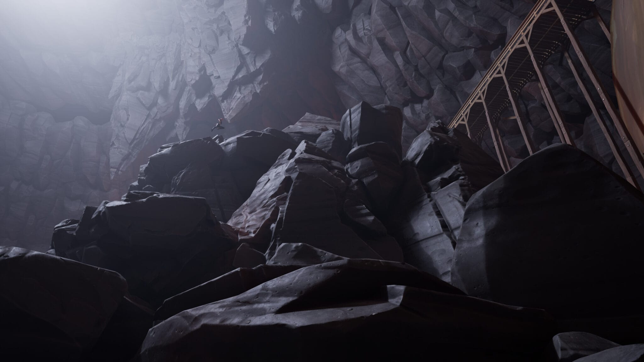 Dark rocky cave with a gate, ARTE Riff Mountain gameplay on Fortnite