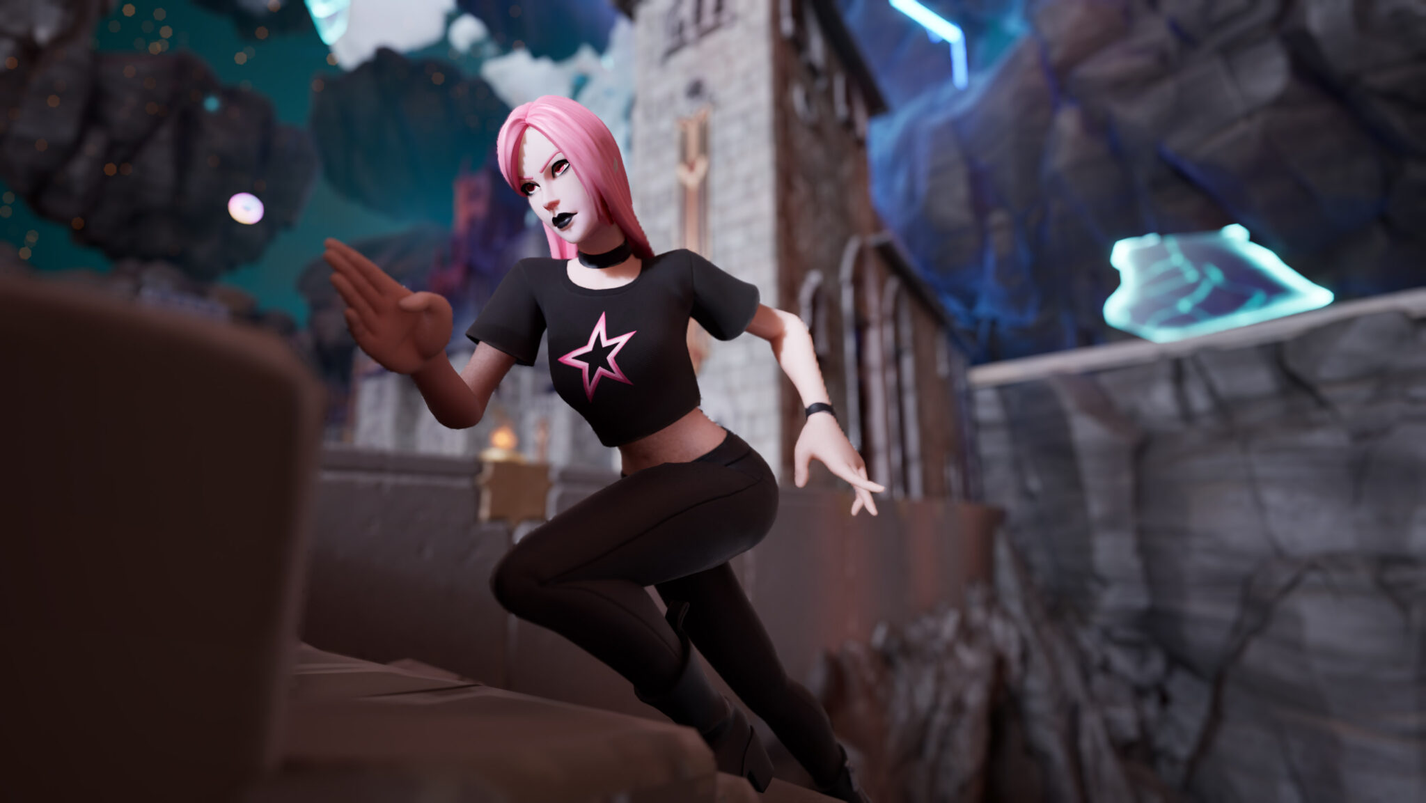 Pink-haired player running in ARTE Riff Mountain on Fortnite