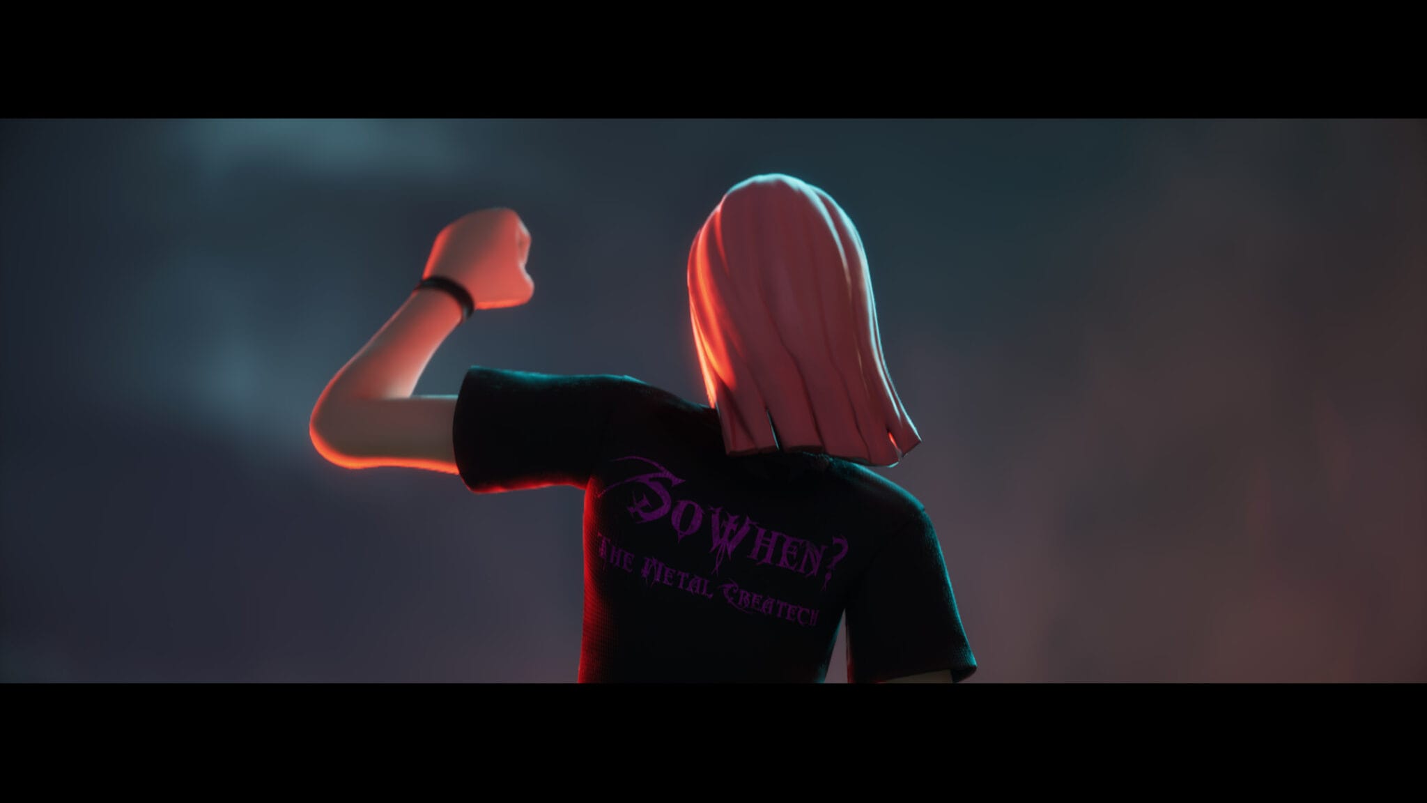 Pink-haired character wearing a SoWhen? t-shirt, ARTE Riff Mountain