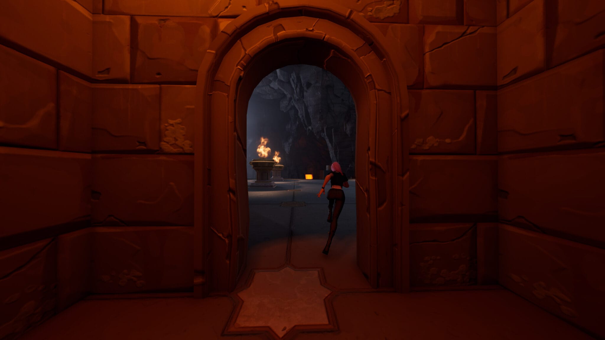 Arched doorway onto a torch-lit corridor, ARTE Riff Mountain