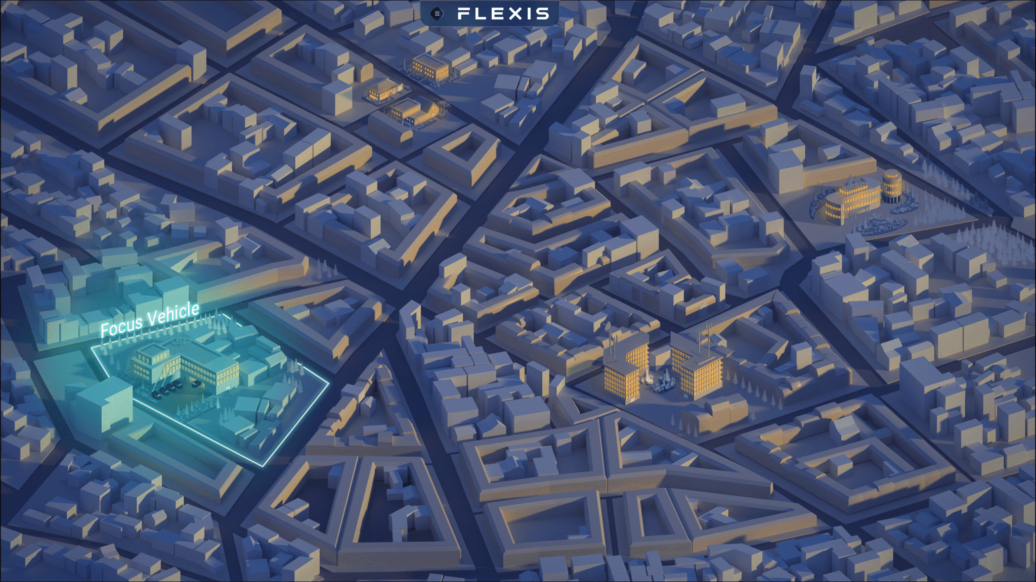 3D view of a city with a highlighted vehicle, Flexis virtual universe