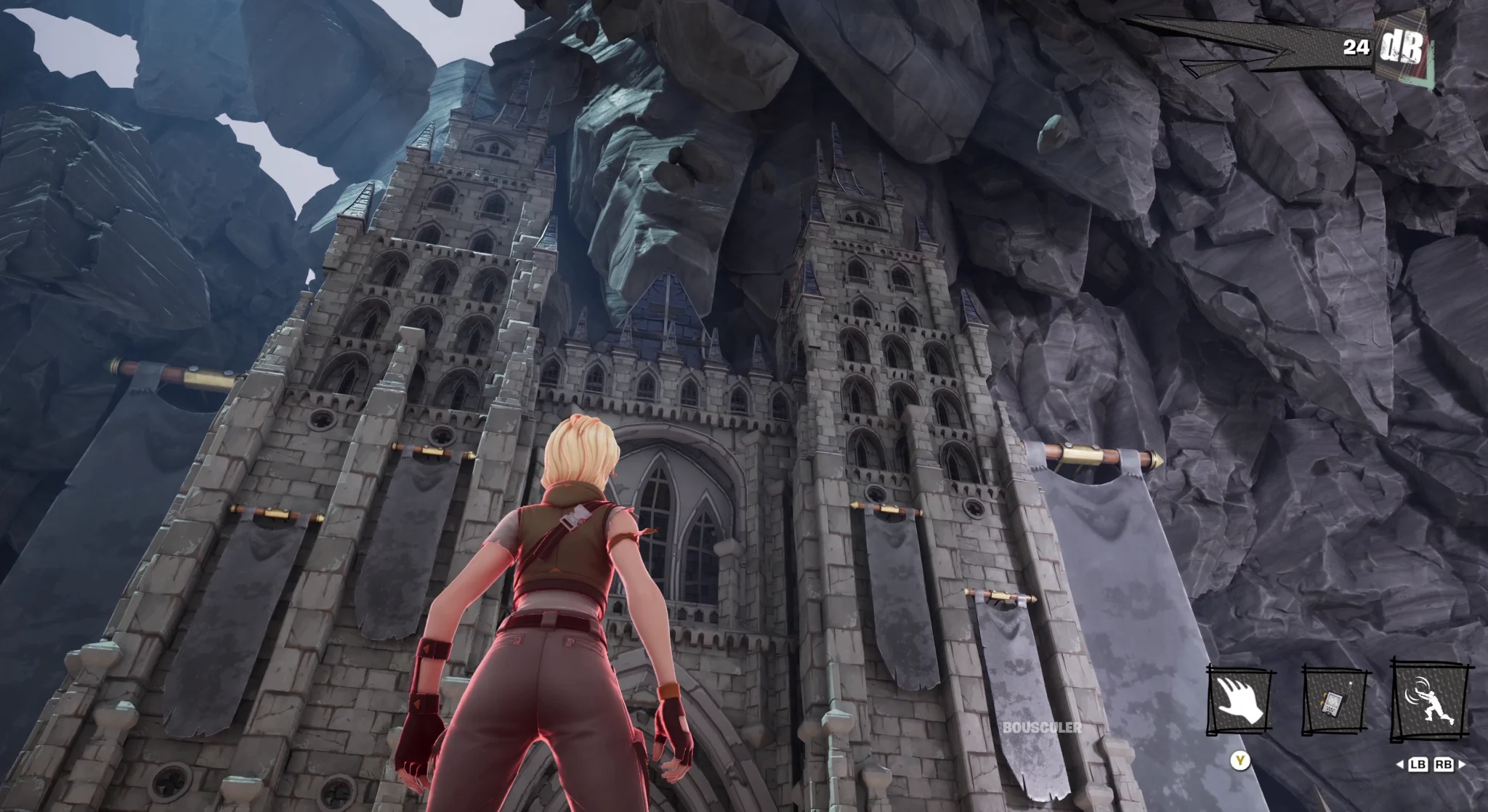 Character in front of a gothic cathedral in ARTE Riff Mountain on Fortnite
