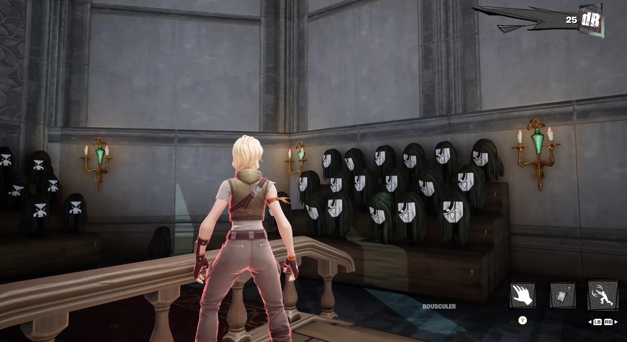 Character in a hall of hooded statues, ARTE Riff Mountain on Fortnite