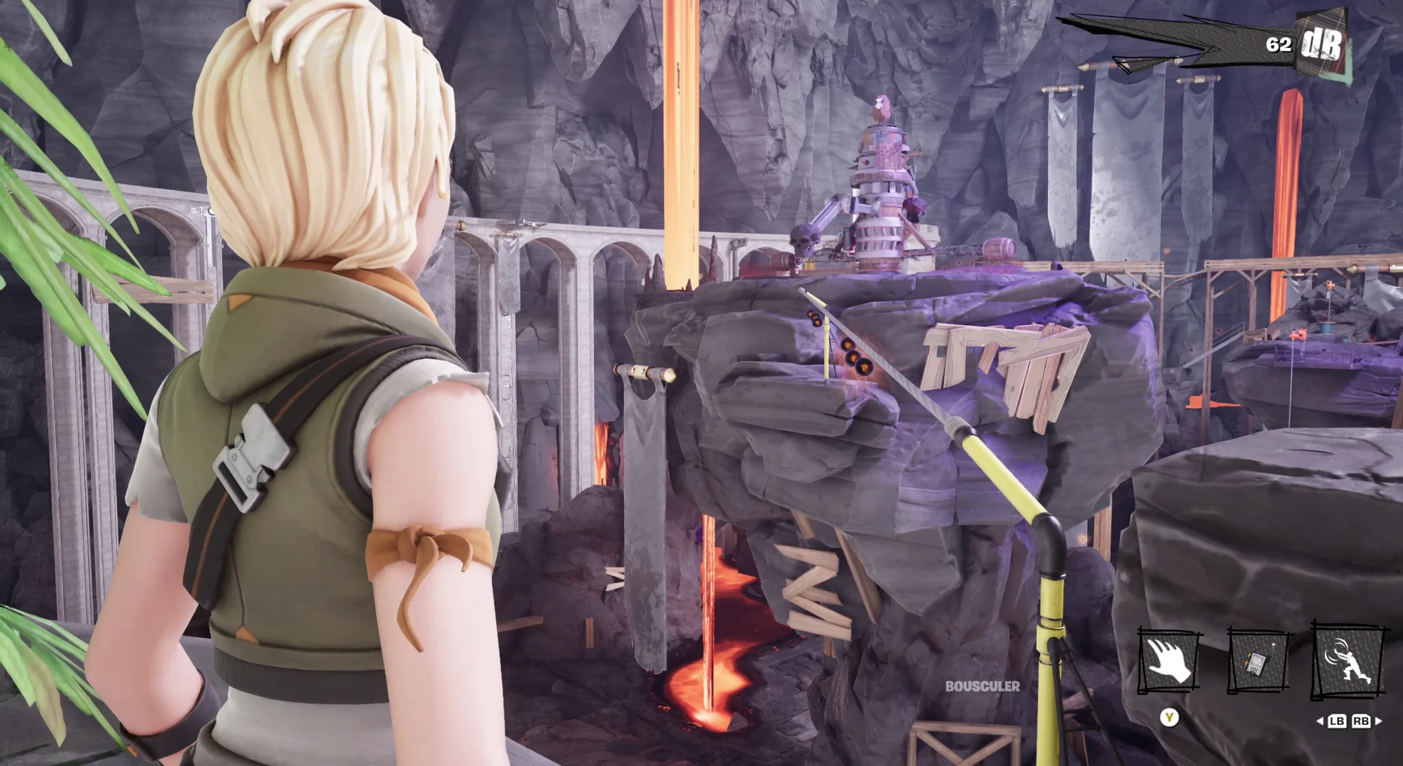 Character facing ruins and lava in ARTE Riff Mountain on Fortnite