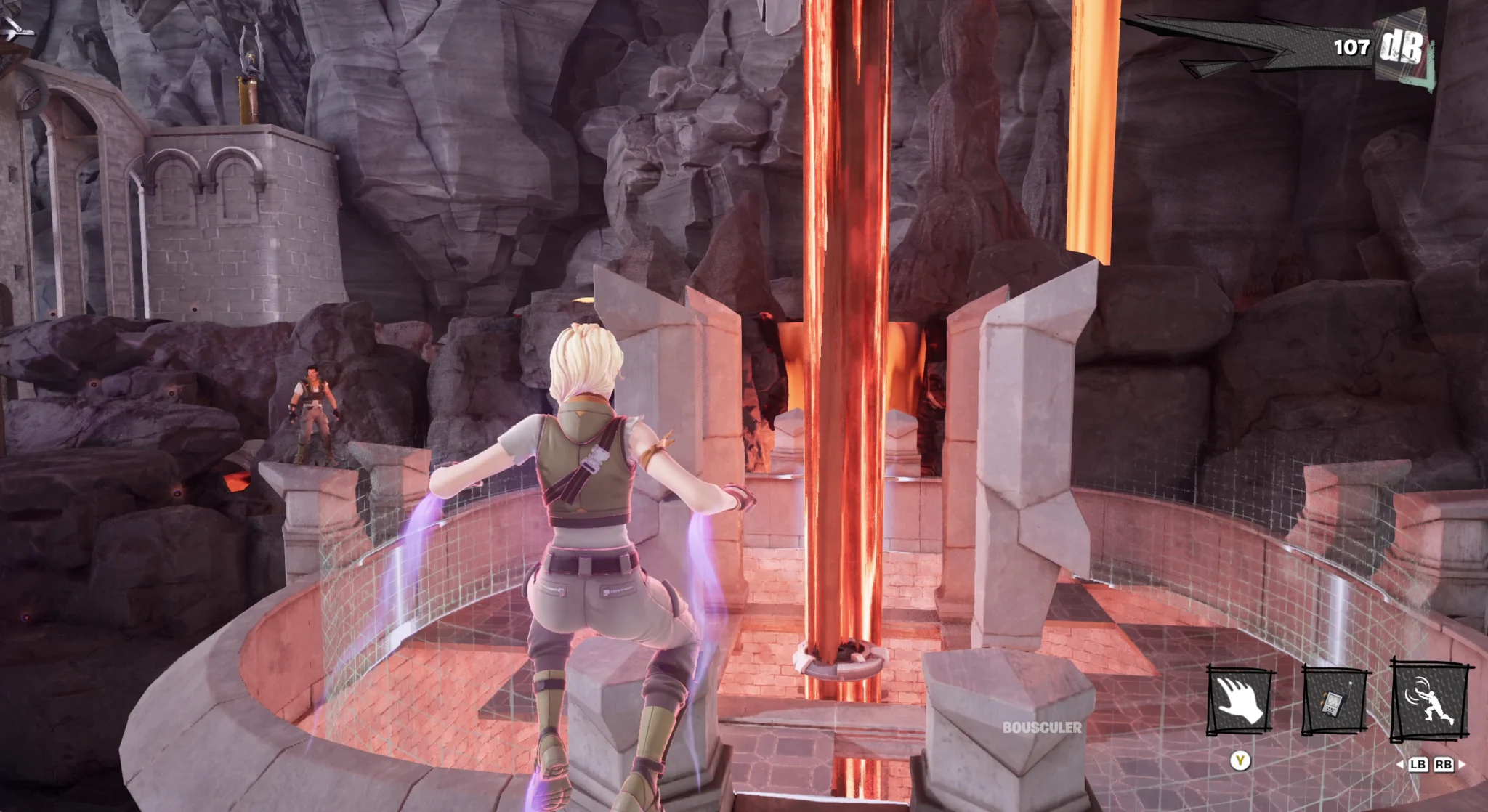 Character on a circular platform around a copper pillar, ARTE Riff Mountain