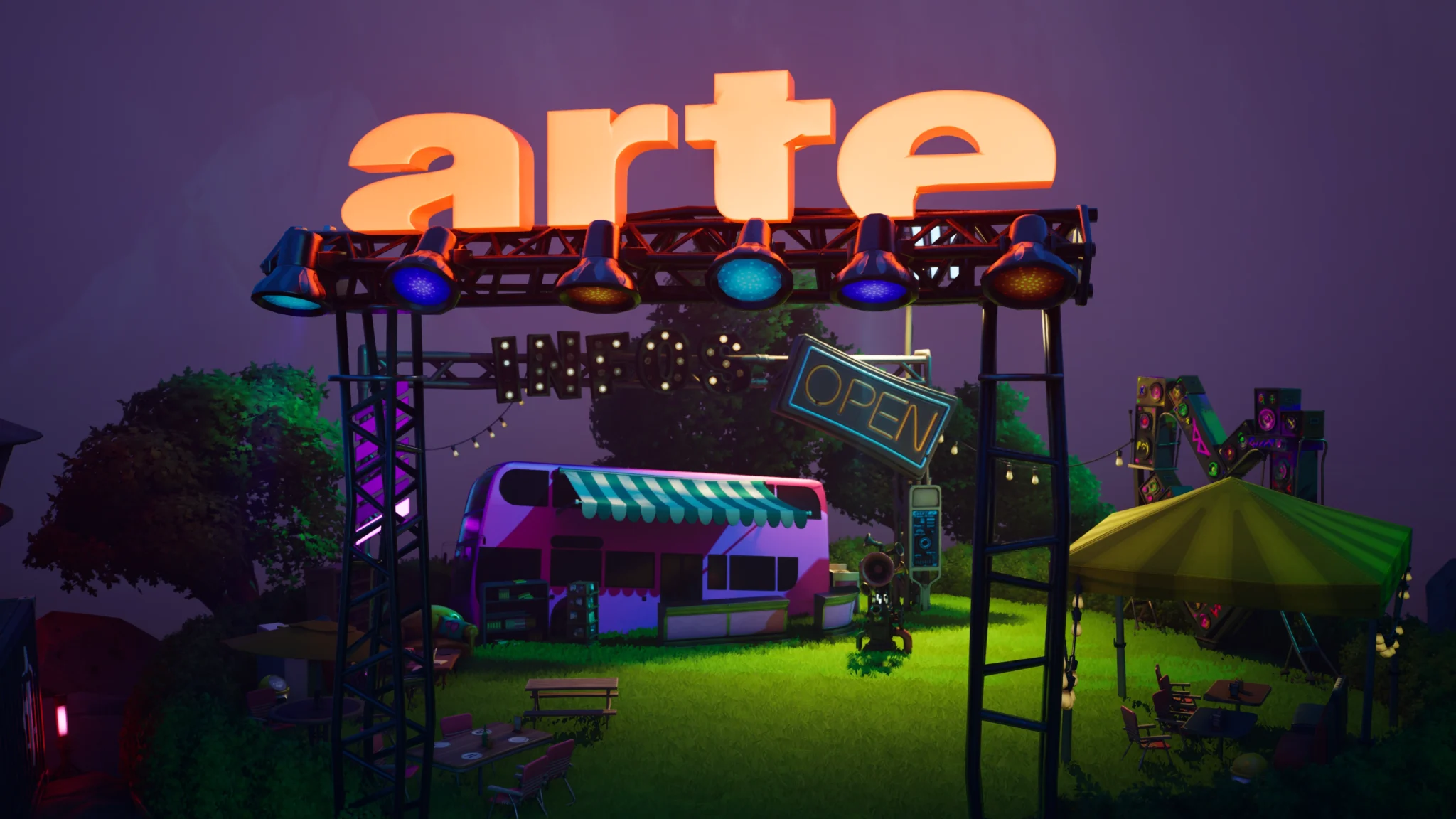 ARTE park entrance with a pink bus and rides, ARTE Riff Mountain on Fortnite