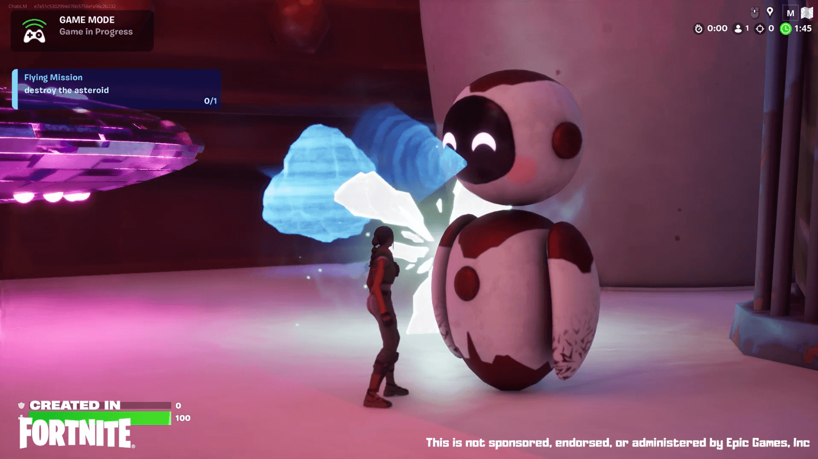 Character facing a giant robot, SoWhen?'s Dreamscape Escapades game on Fortnite