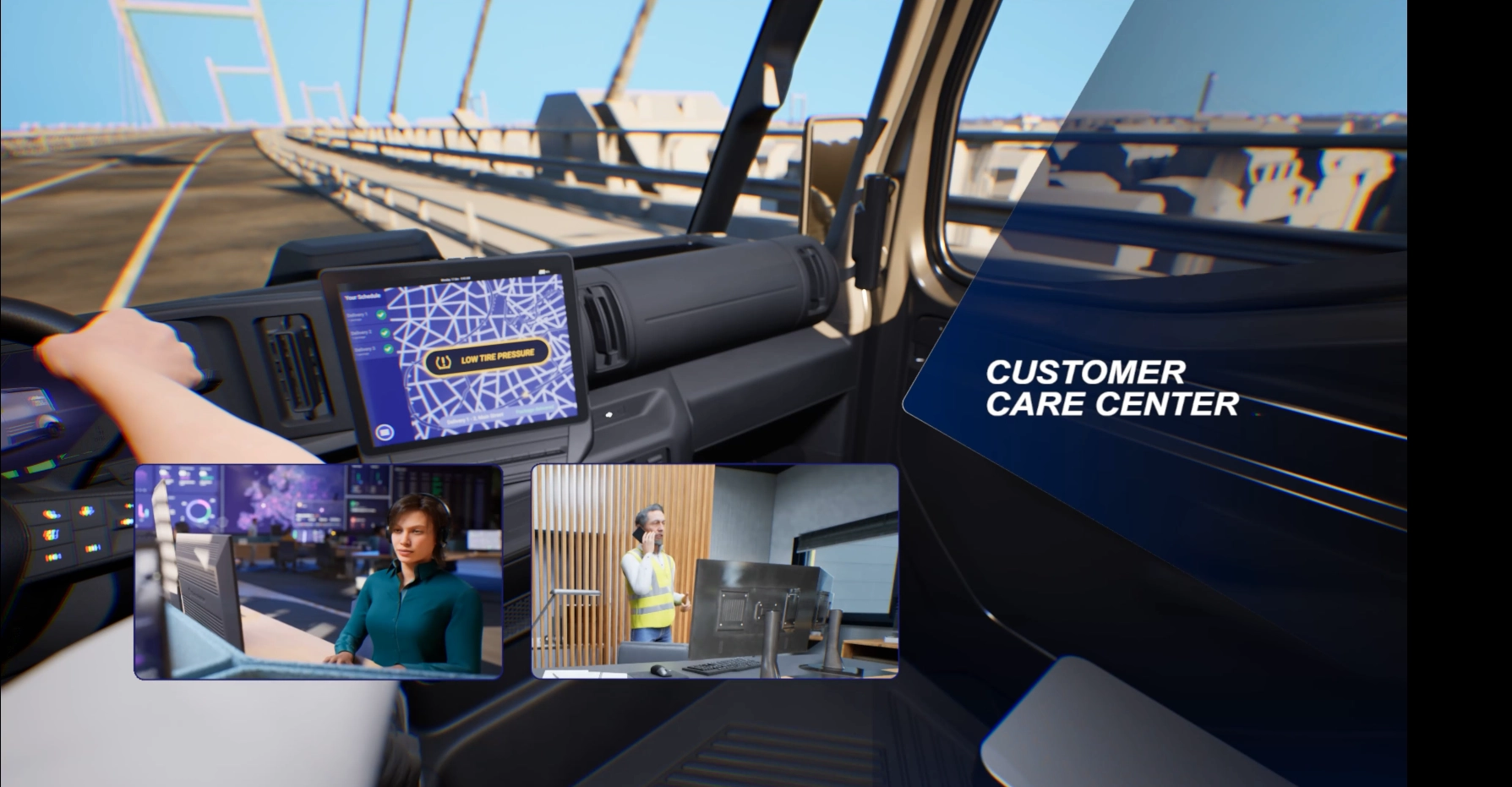 Flexis van cab with the customer care centre screen, virtual world
