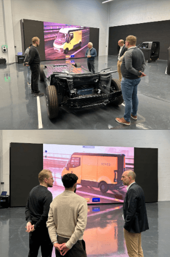 Flexis virtual showroom demo on a big screen next to a chassis