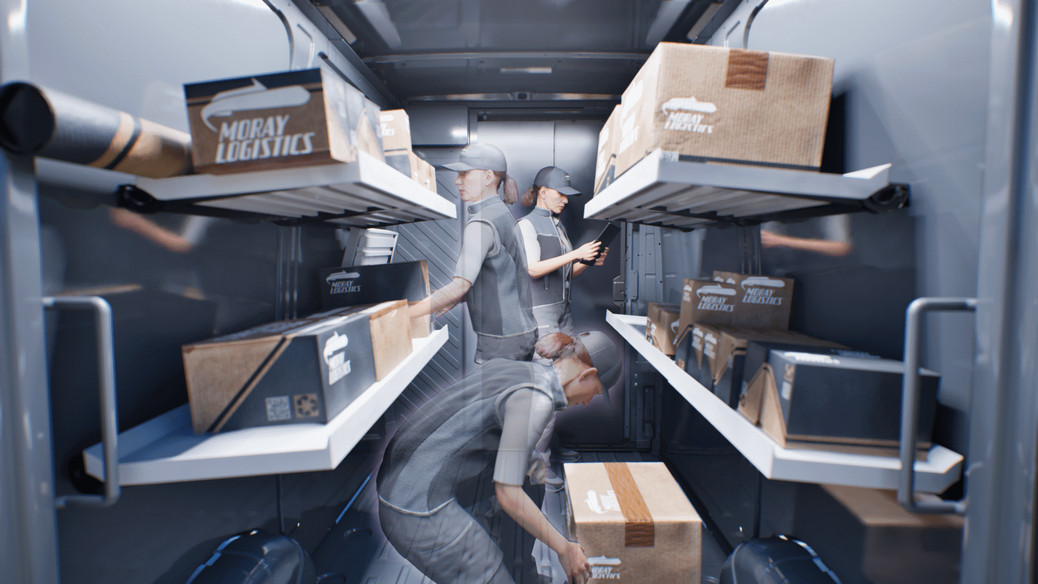 Virtual couriers stacking parcels in a van, Flexis virtual world