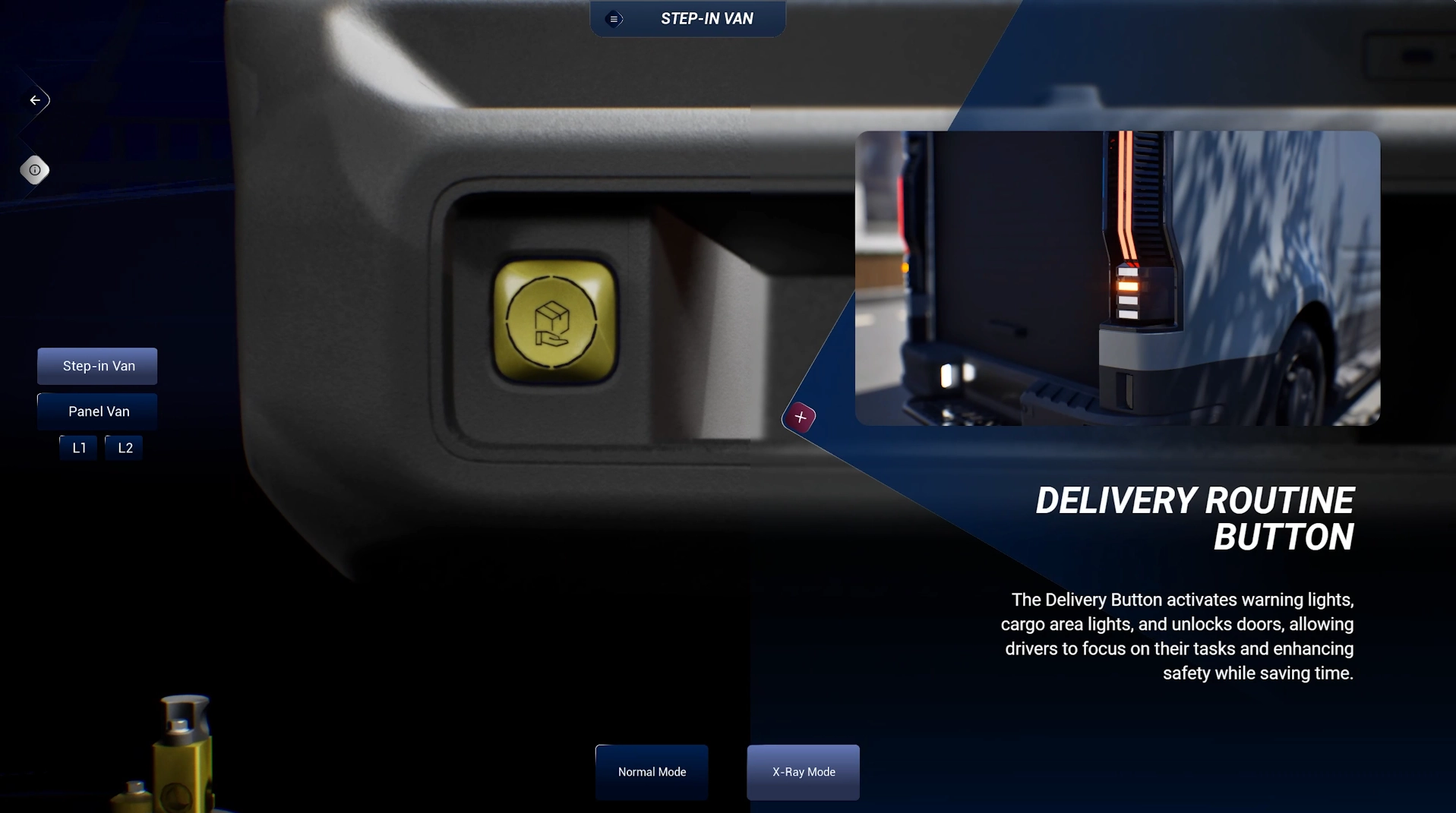 Close-up of the Flexis Step-in Van's "Delivery routine" button
