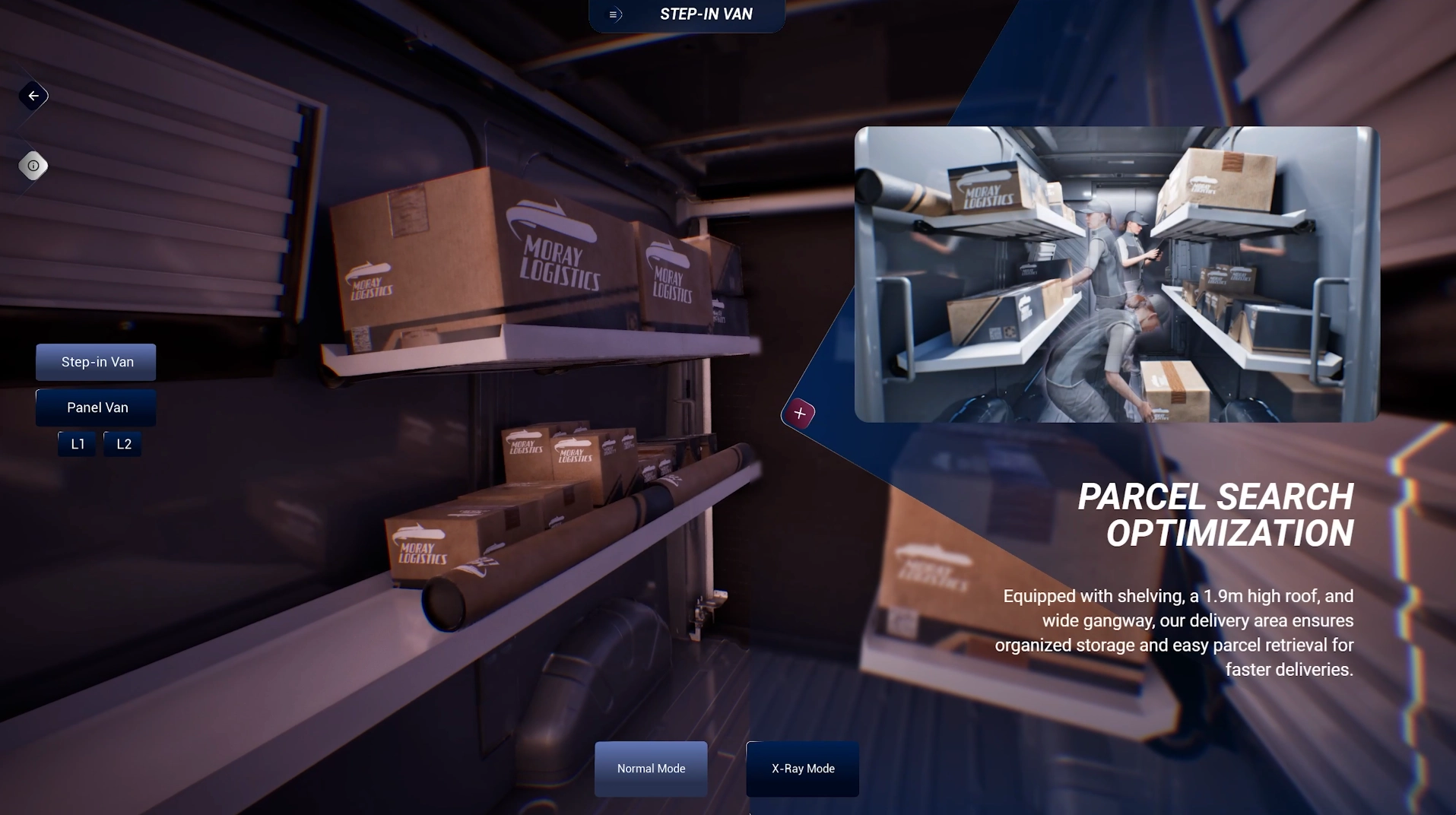 Optimised parcel storage in the Flexis van, virtual world