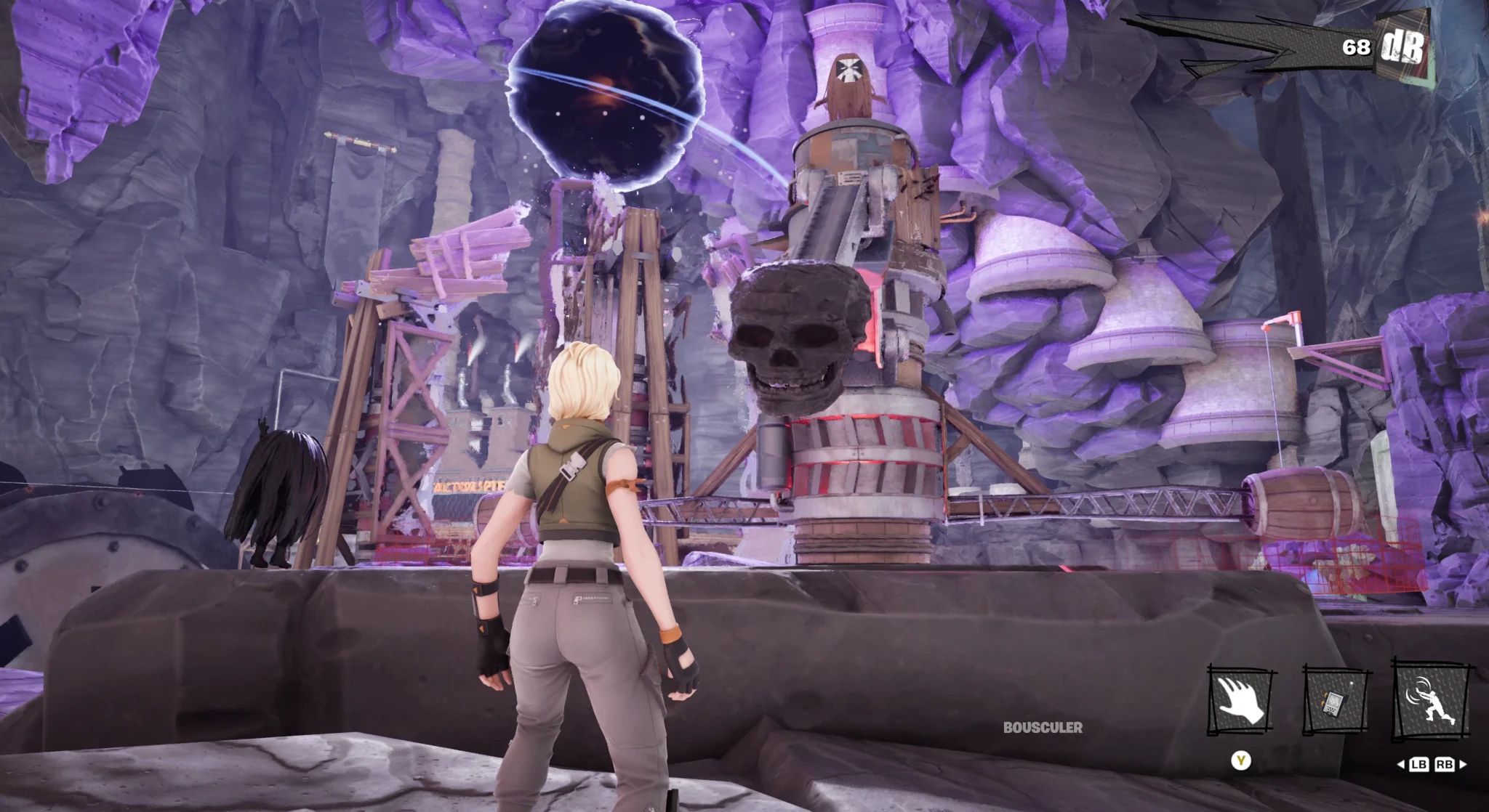 Character facing a purple mountain set with a skull, ARTE Riff Mountain on Fortnite