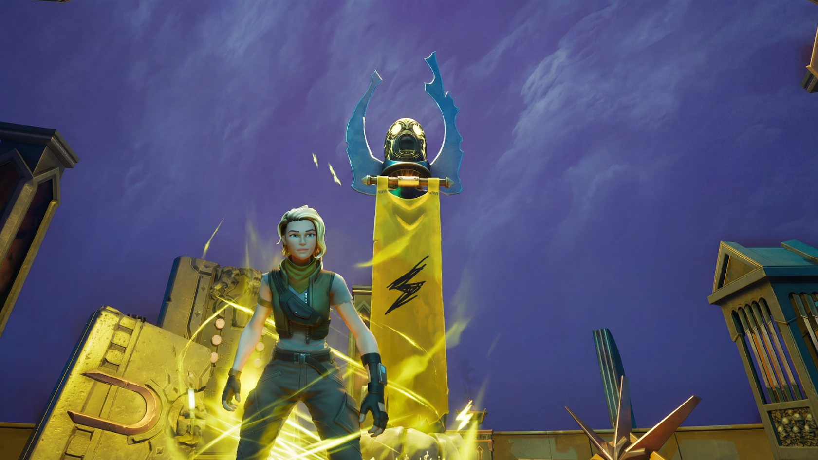 Character in front of a lightning totem, Legendary clan of ARTE Riff Mountain on Fortnite