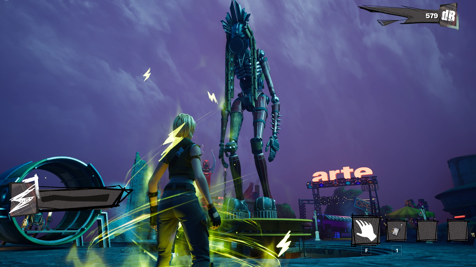 Character in front of a giant statue in ARTE Riff Mountain's musical runner