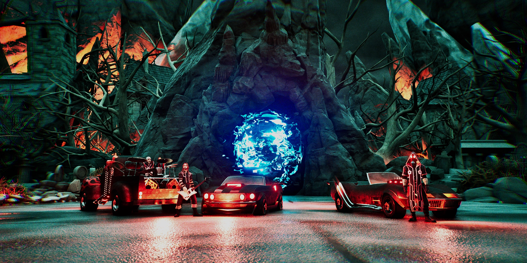 Turbo Killer Experience lobby: musicians and cars before a portal, Fortnite