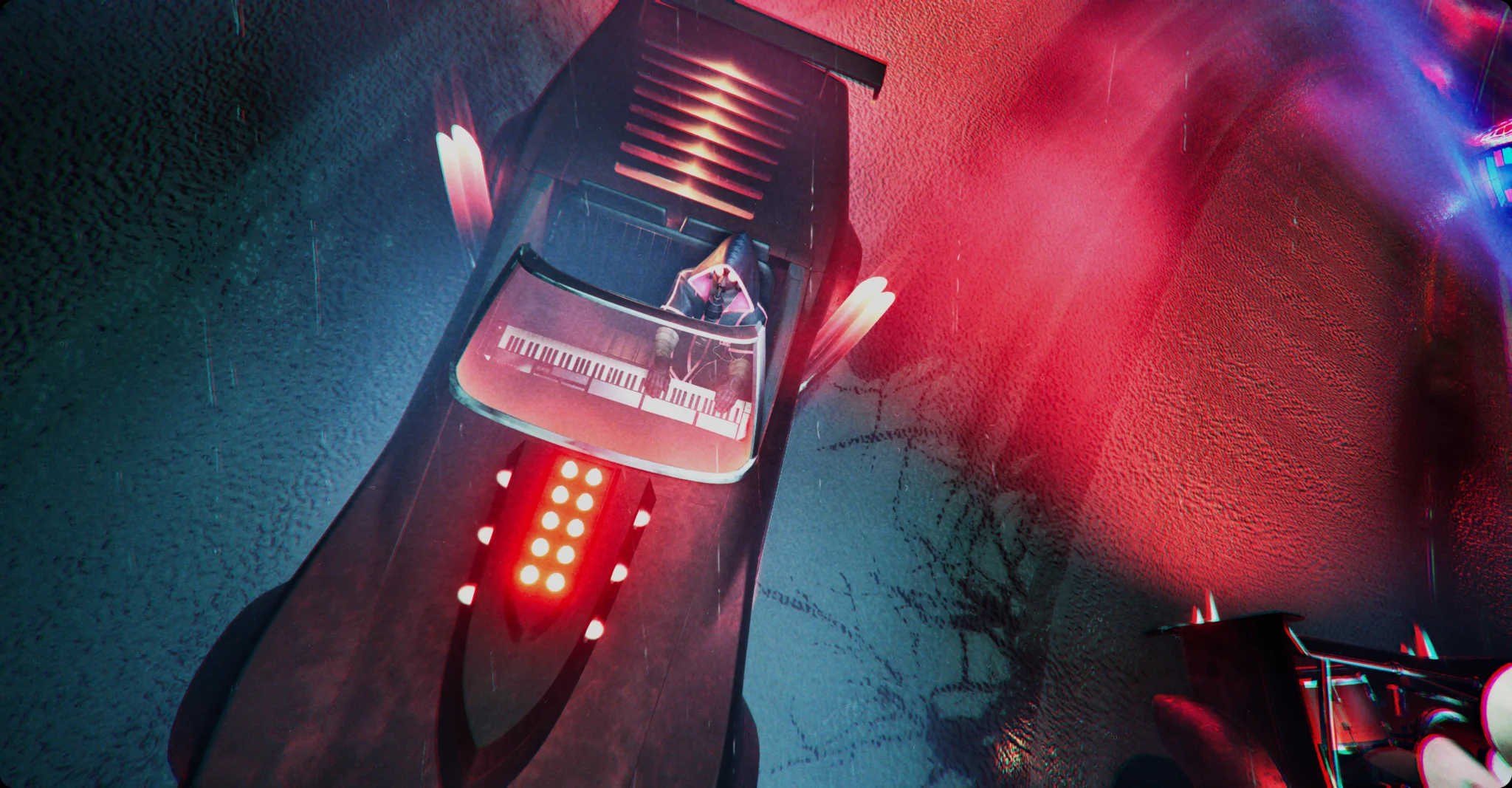 Carpenter Brut's car with an organ in the boot, Fortnite experience by SoWhen? and ARTE