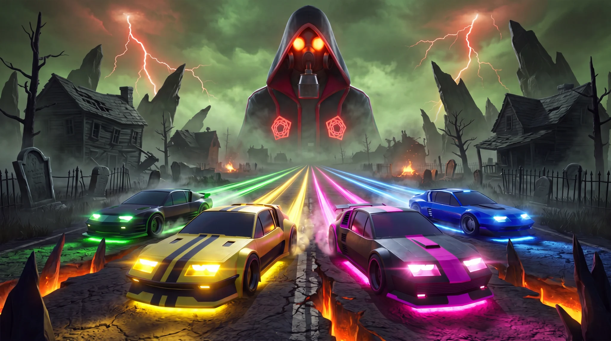 Hooded Carpenter Brut and neon cars on a road, Turbo Killer Experience on Fortnite