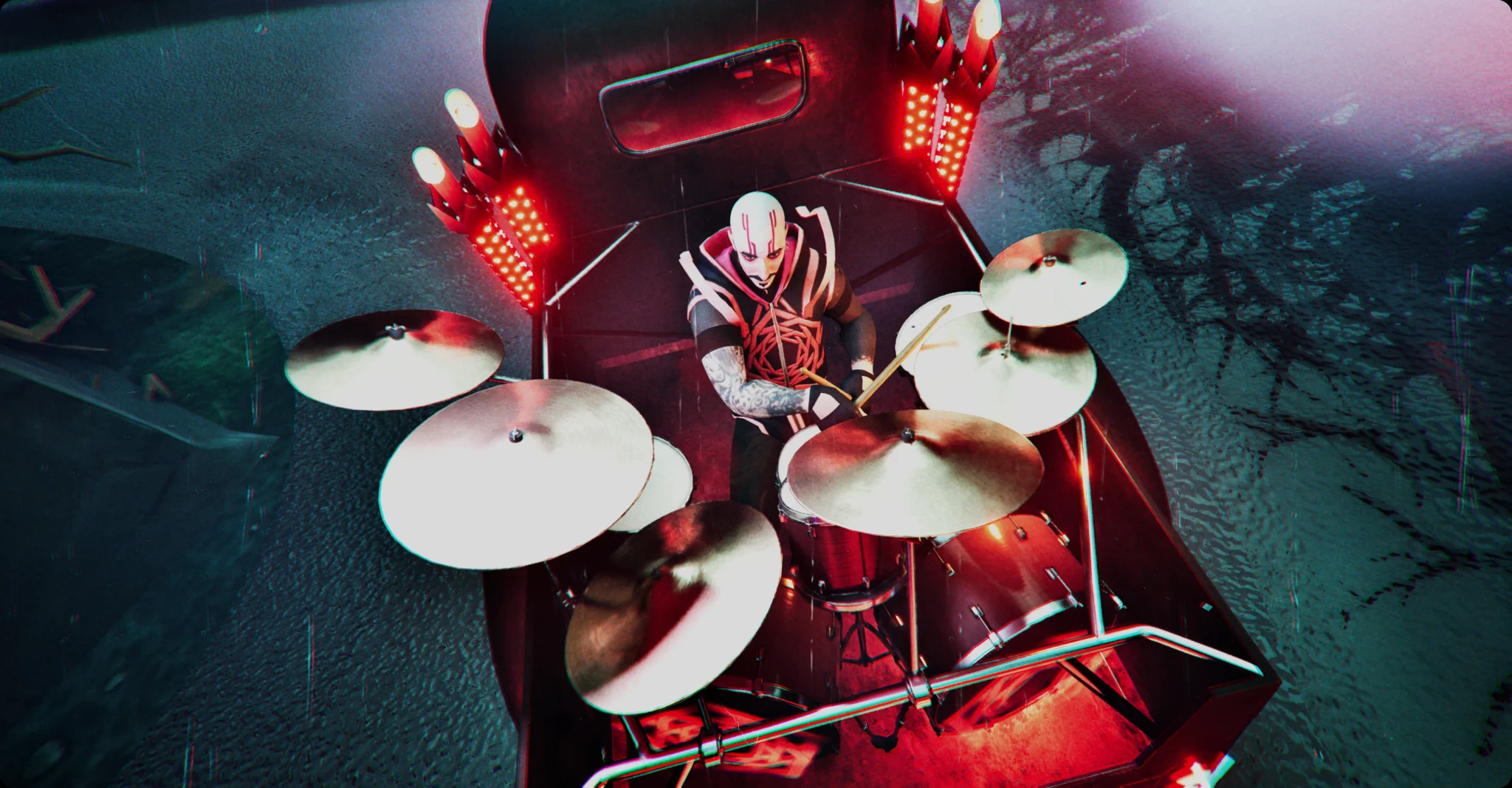 Drummer playing on a car, Carpenter Brut's Turbo Killer in Fortnite