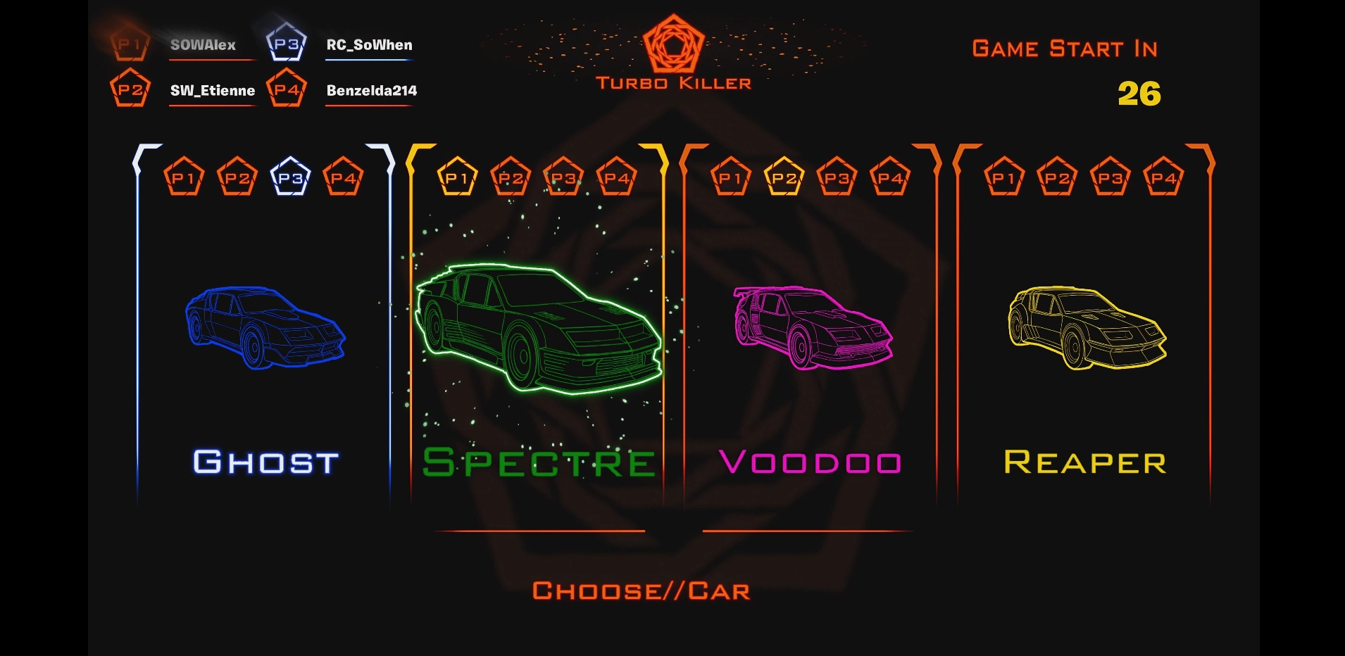 Vehicle selection screen: Ghost, Spectre, Voodoo, Reaper, Turbo Killer on Fortnite