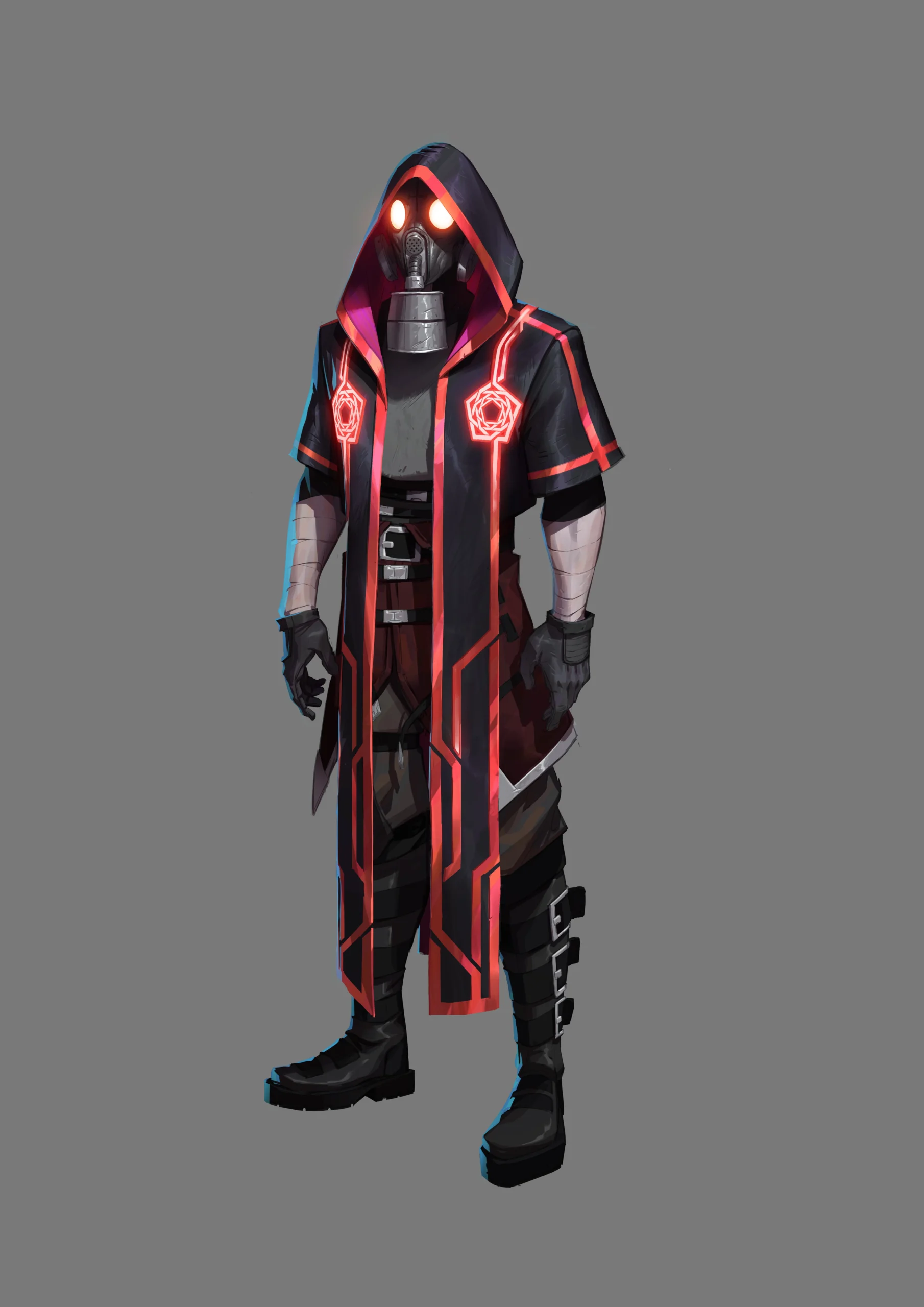 Concept art of the Carpenter Brut character, hood and gas mask
