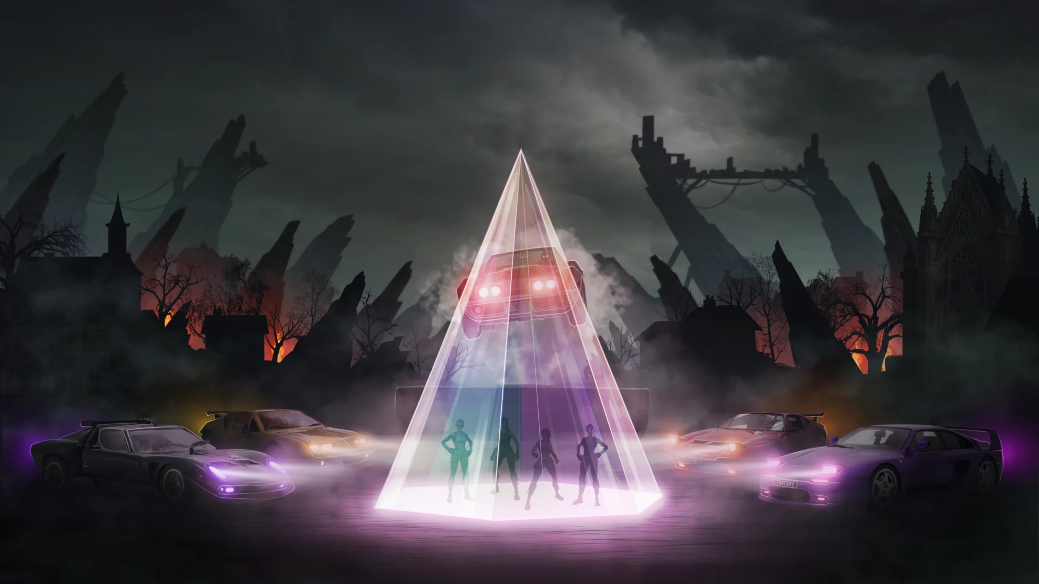 Concept art: glowing pyramid holding the band, surrounded by cars, Turbo Killer
