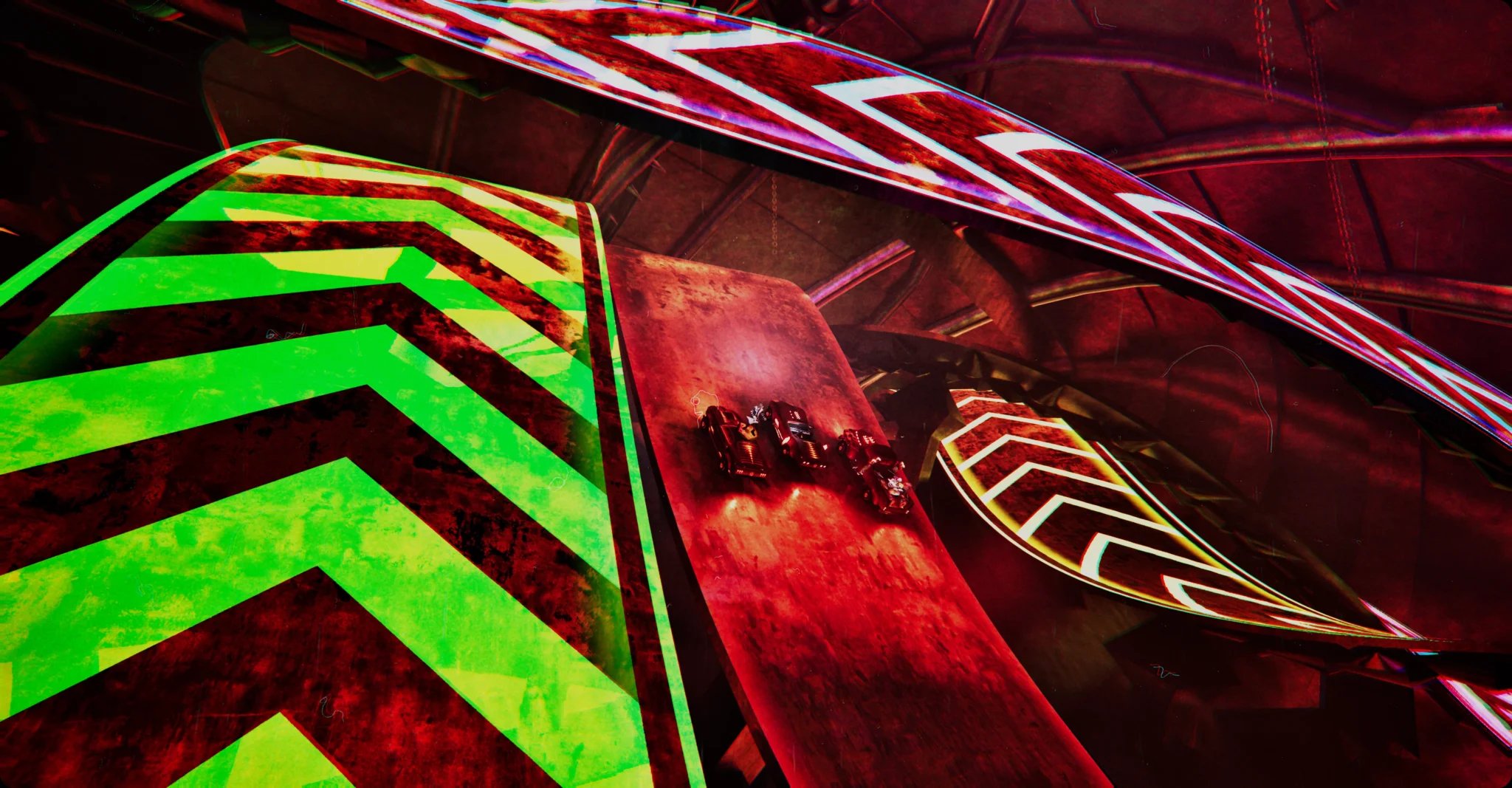Red and green neon race track seen from the vehicle, Turbo Killer on Fortnite