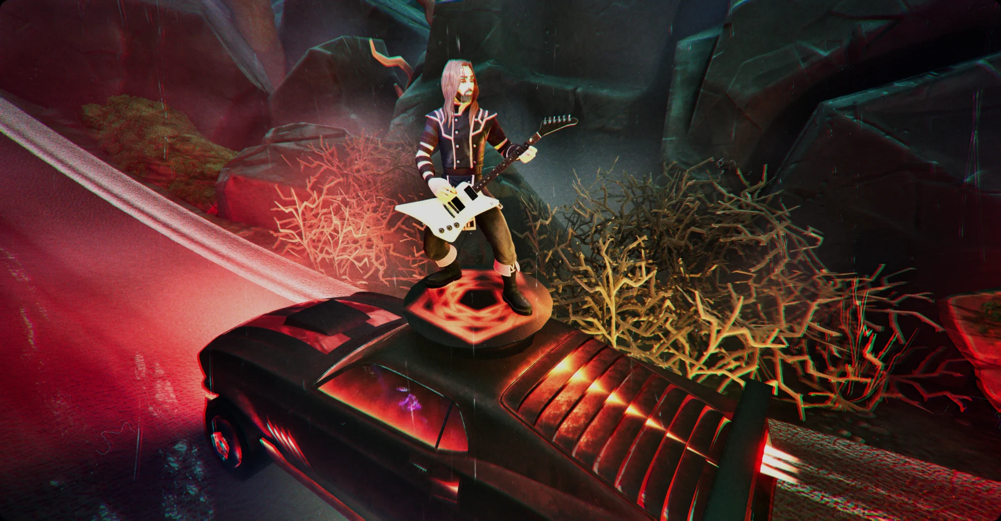 Carpenter Brut's guitarist playing on a car in Fortnite