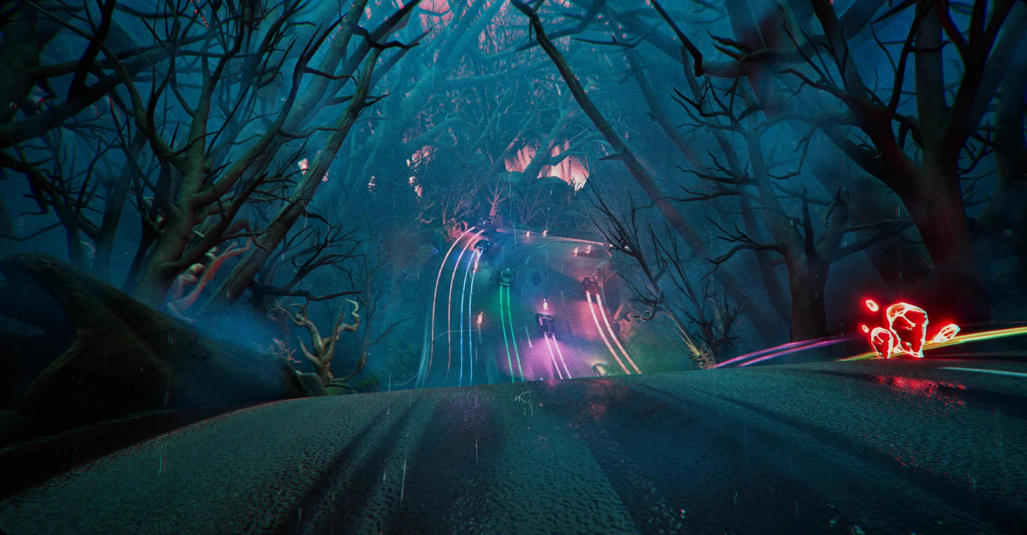 Road through a dark forest with glowing inspiration fragments, Turbo Killer