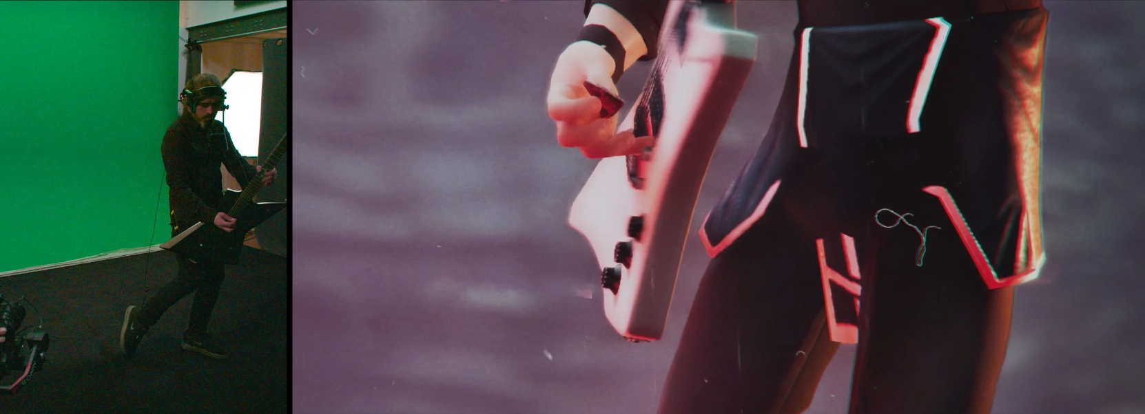 Motion capture of a guitarist on a green screen and its render in Fortnite, Turbo Killer