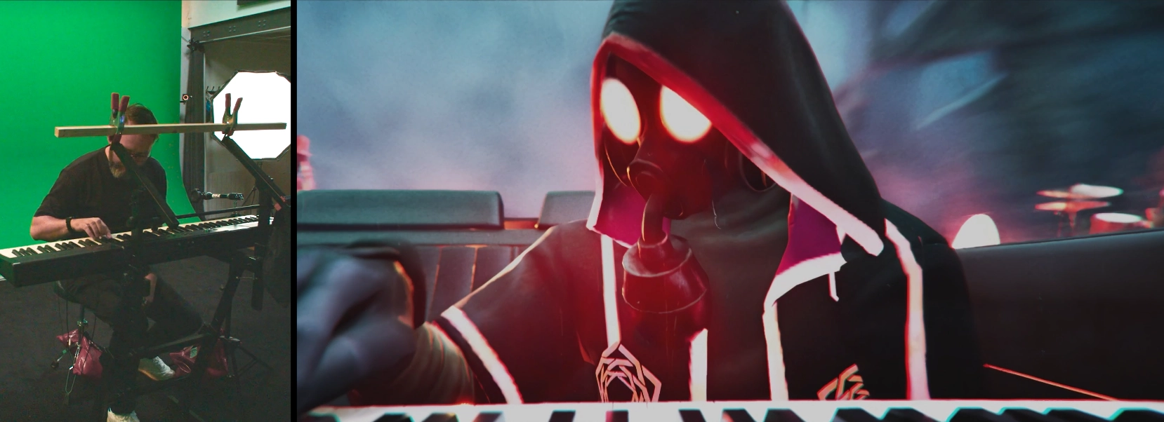 Keyboardist filmed on a green screen and his hooded avatar in Fortnite, Turbo Killer