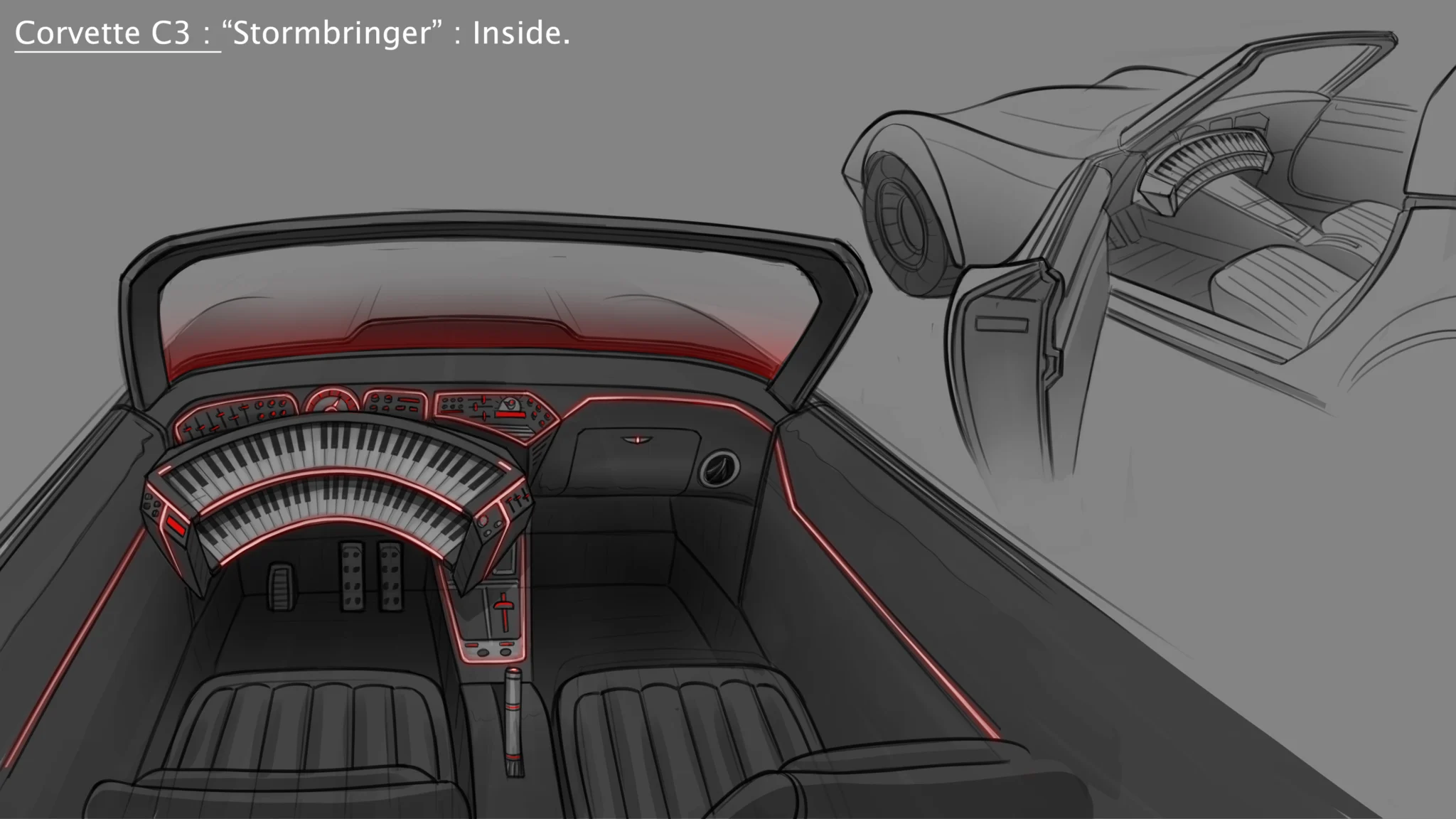 Concept art of the "Stormbringer" Corvette C3 interior with an organ keyboard
