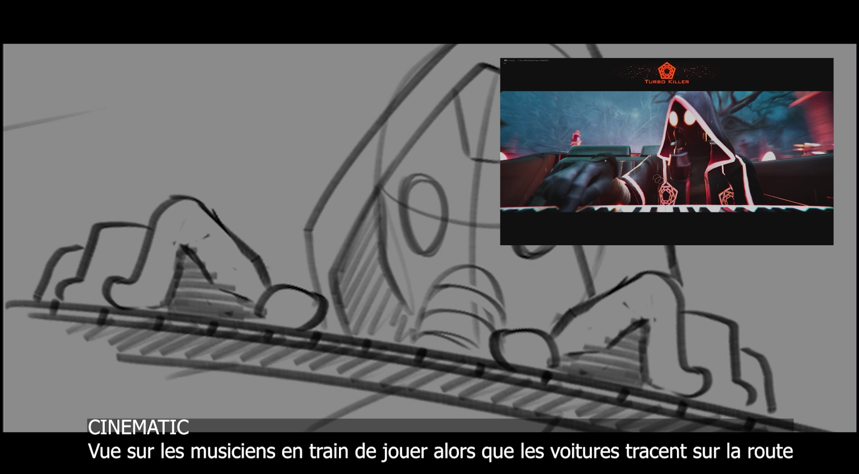 Storyboard of a cinematic shot: musicians playing as the cars drive